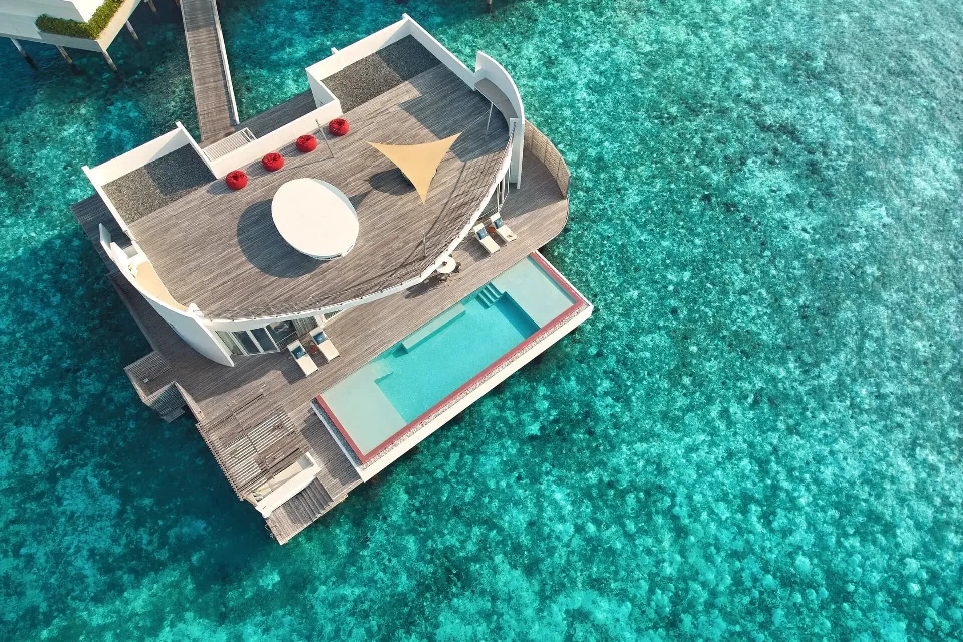 Aerial exterior of the Two Bedroom Water Residence with Pool at Jumeirah Olhahali Island
