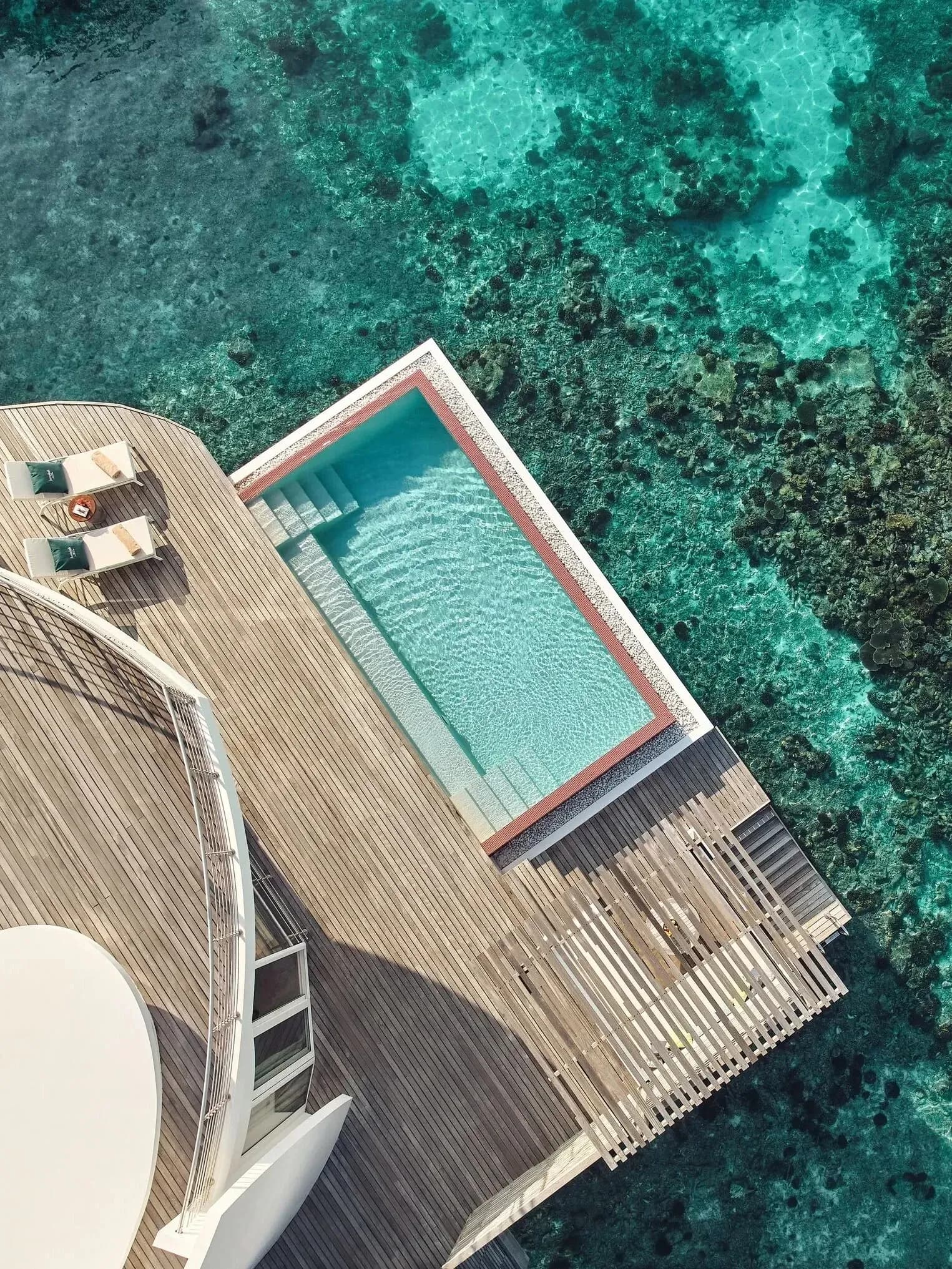 Aerial view of the One Bedroom Water Villa with Pool at Jumeirah Olhahali Island