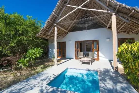 Family Villa exterior with private plunge pool and thatched roof at Konokono Beach Resort