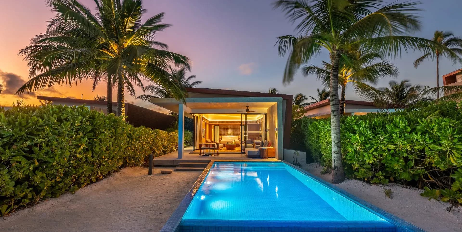 Sunset Beach Villa with Private Pool interior at Kuda Villingili Resort Maldives