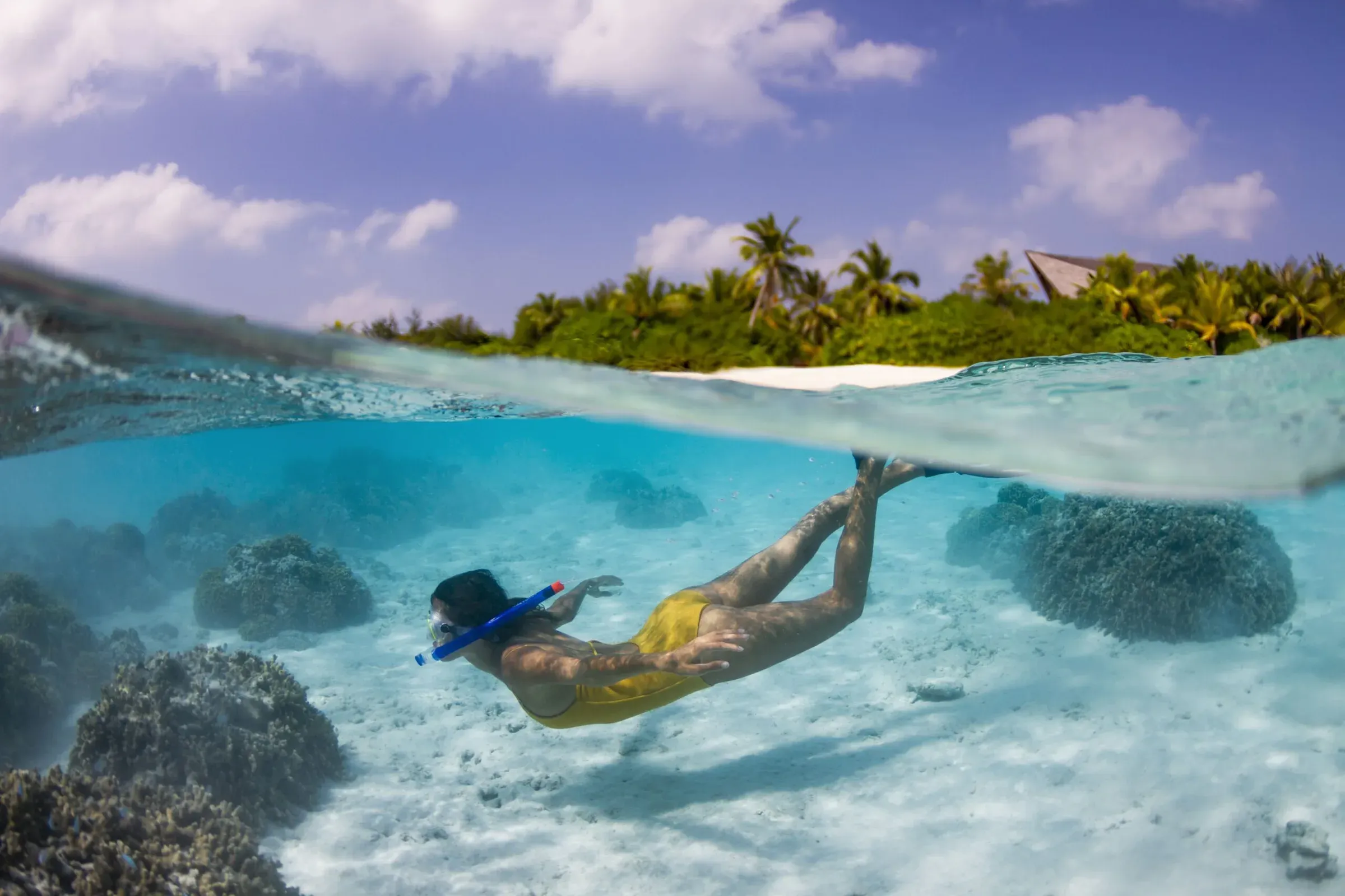 Snorkelling on the house reef at Kuredhivaru Resort and Spa, Noonu Atoll