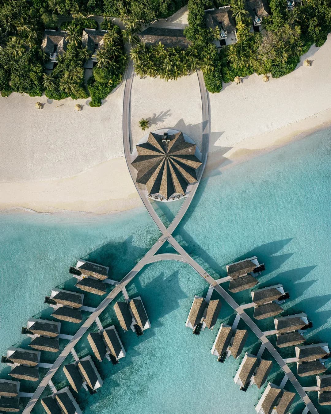 Aerial view of Bodumas, the overwater seafood restaurant at Kuredhivaru Resort and Spa