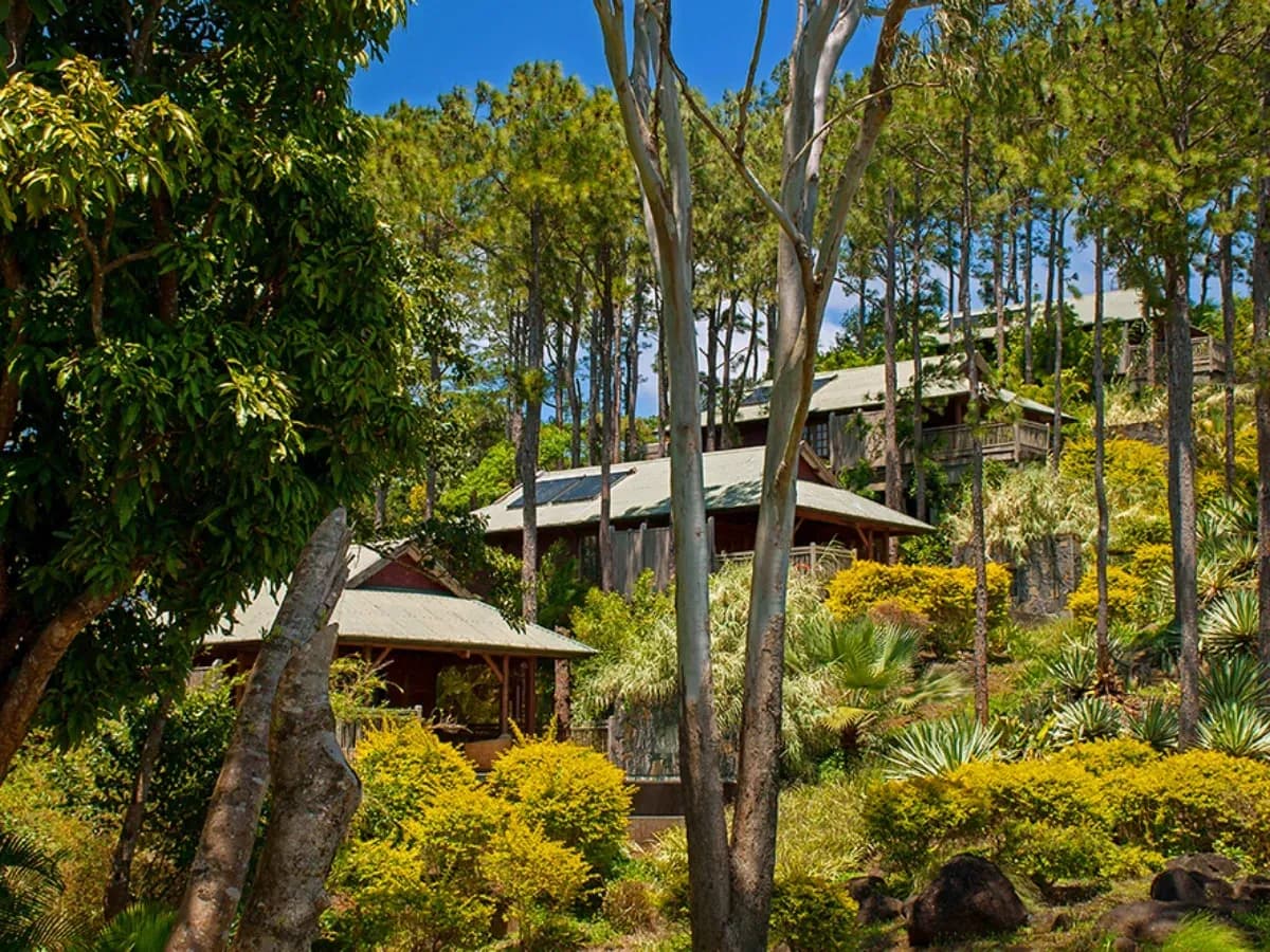Aerial view of Lakaz Chamarel Exclusive Lodge nestled within its forested grounds in the Chamarel hills