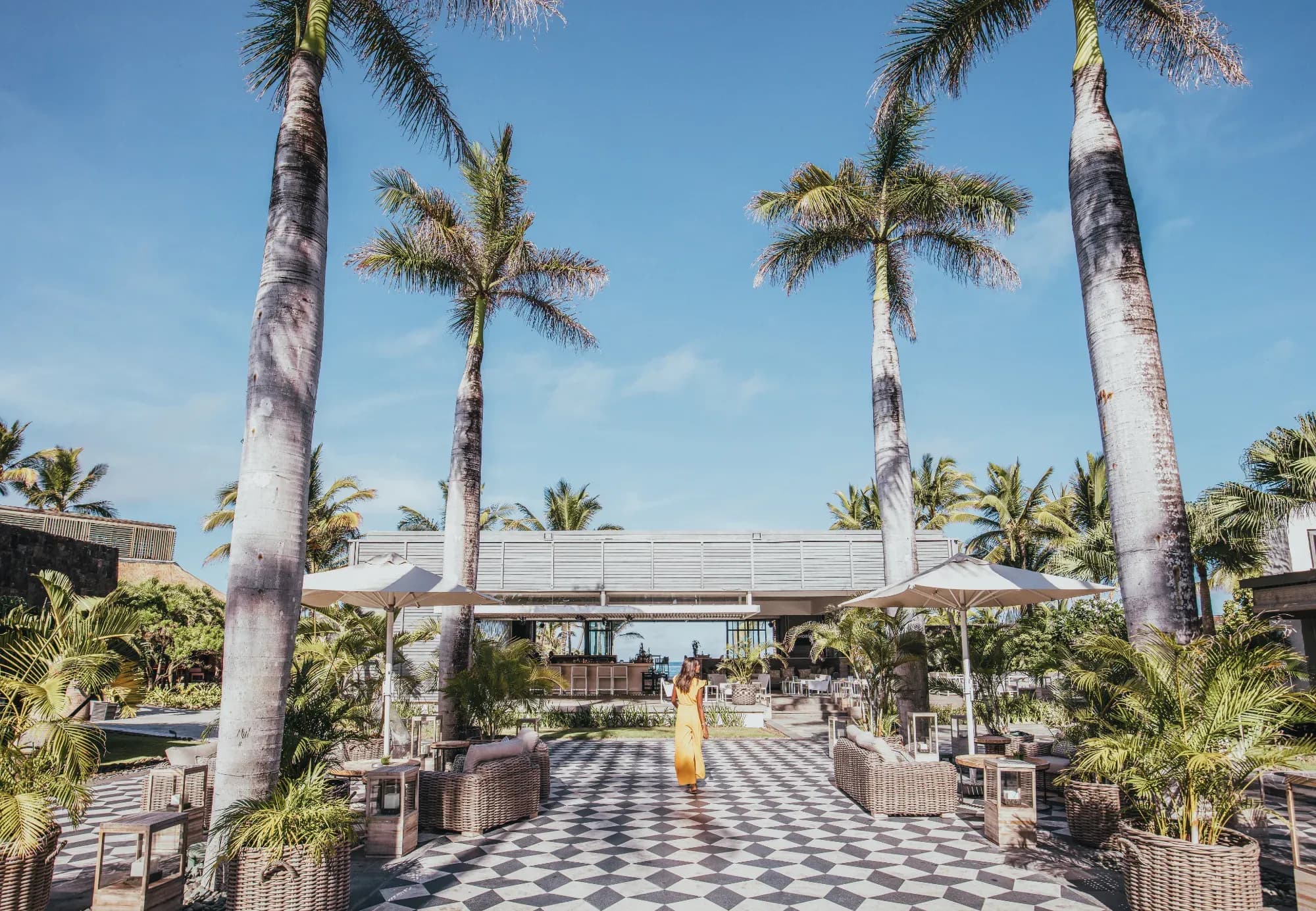 Le Marché's open-air piazza dining area at Long Beach, Mauritius