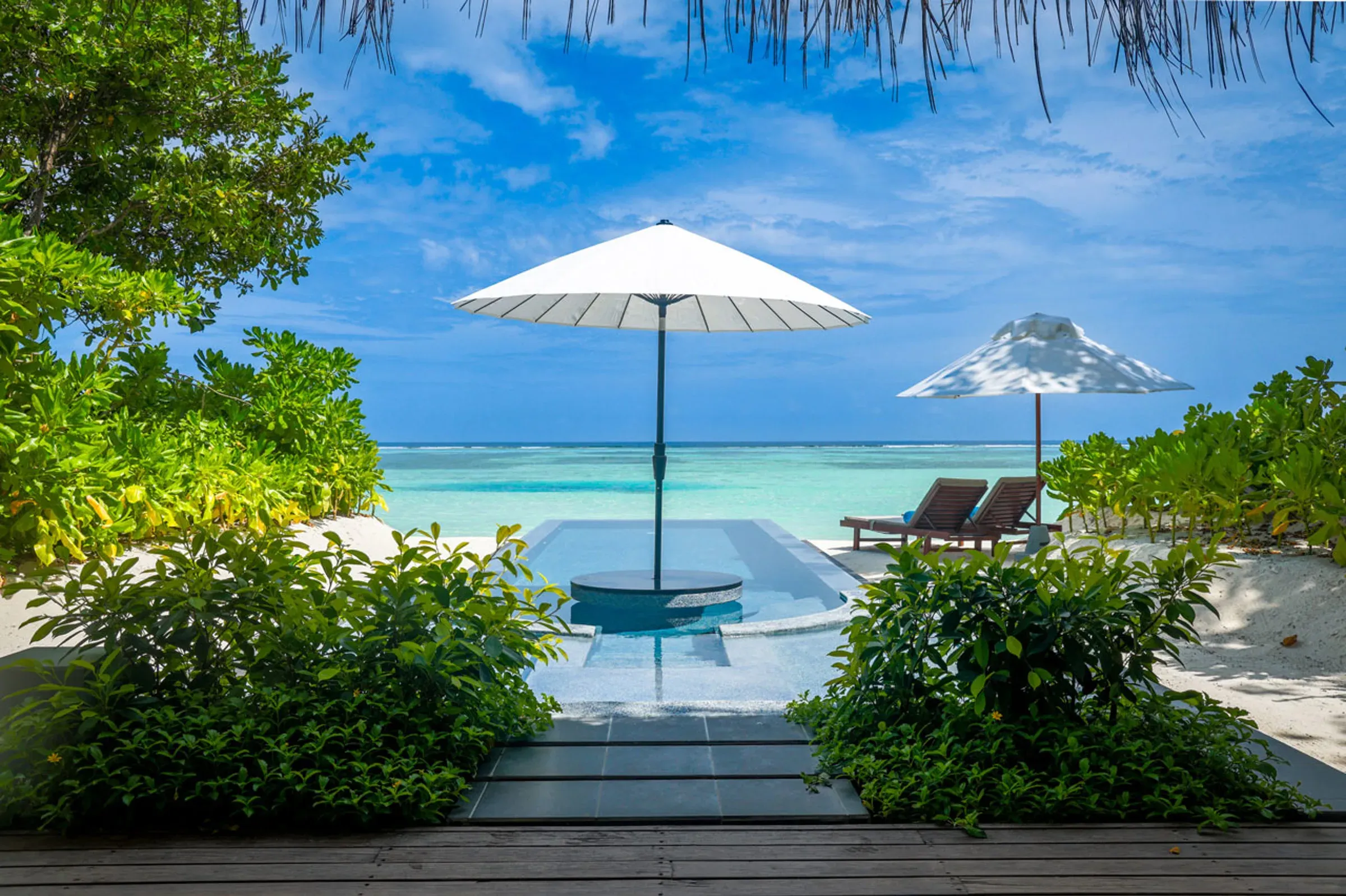 Beachfront Infinity Pool Villa pool and ocean view at LUX* South Ari Atoll