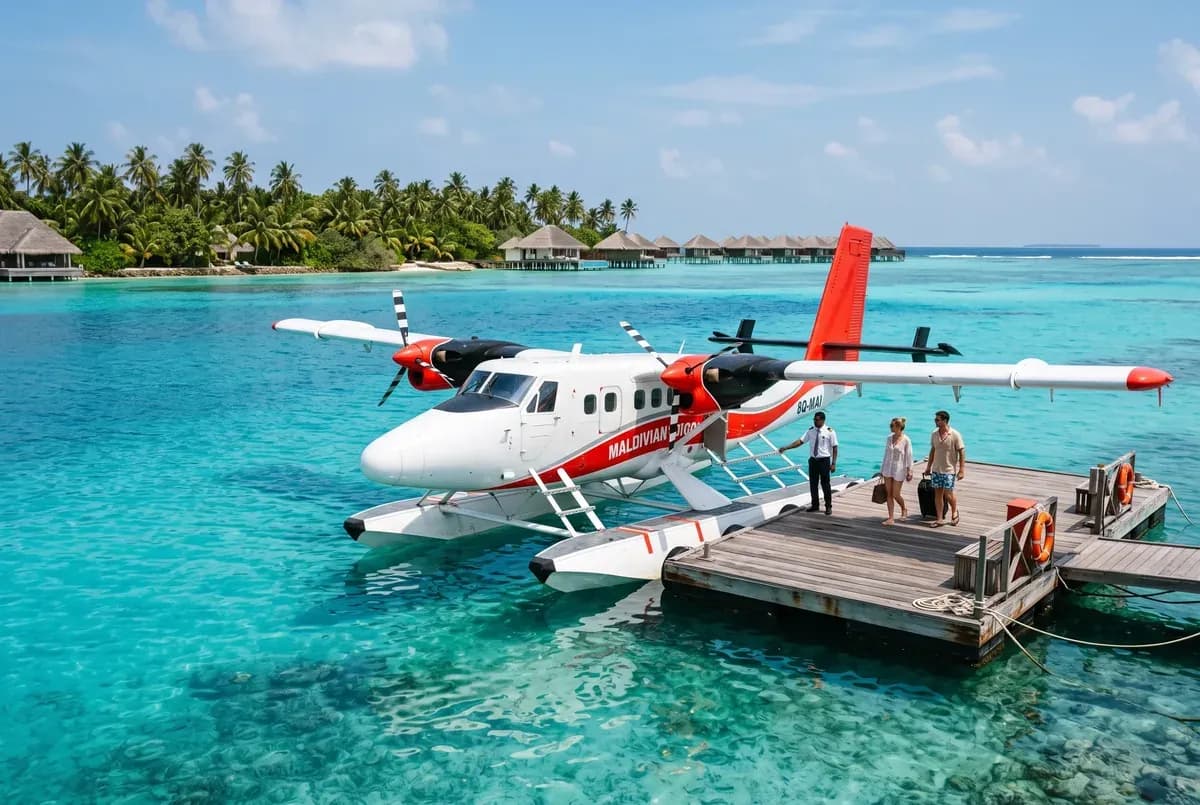 Seaplane transfer over Maldives atolls
