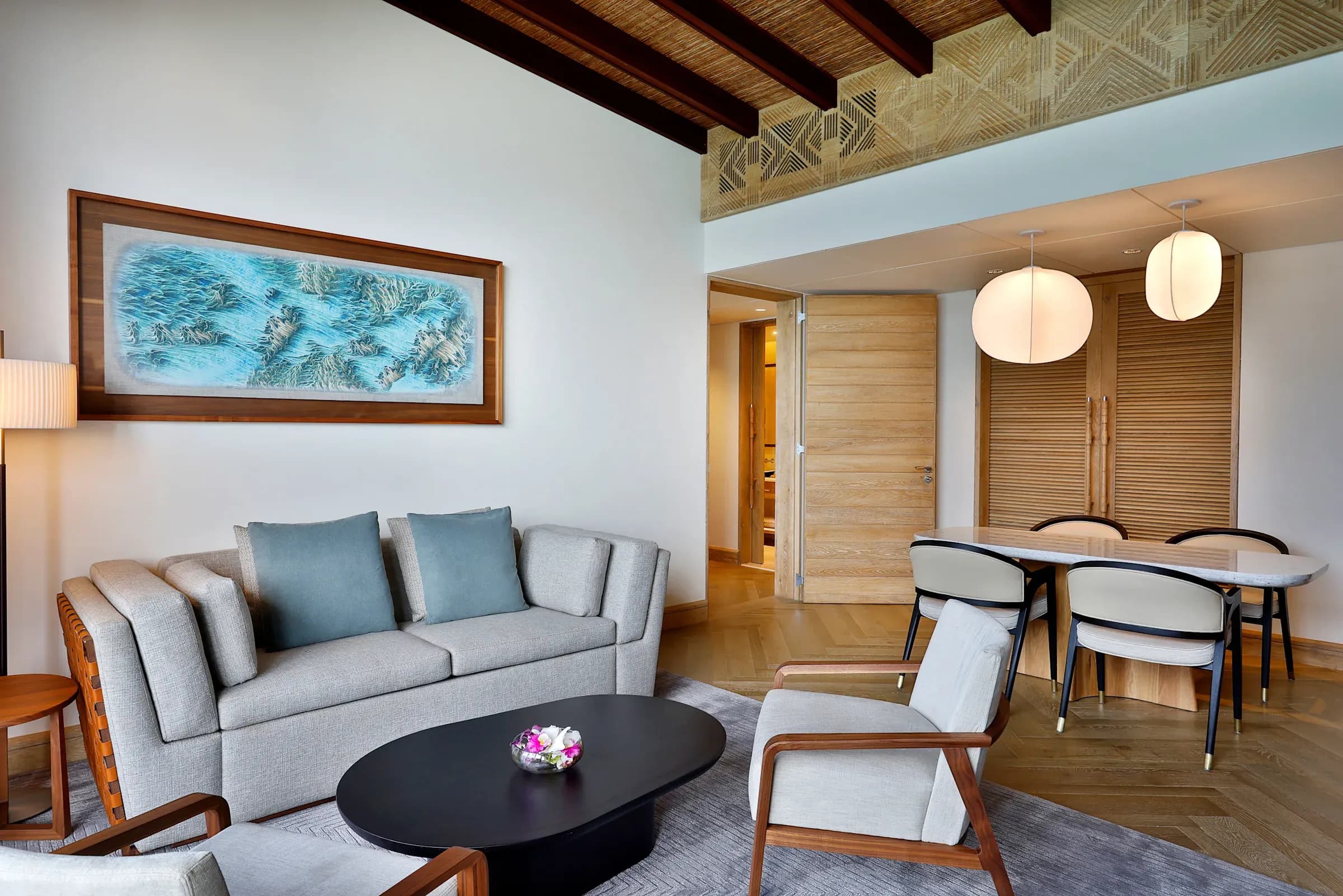 One Bedroom Suite with Ocean View living room at Mango House Seychelles