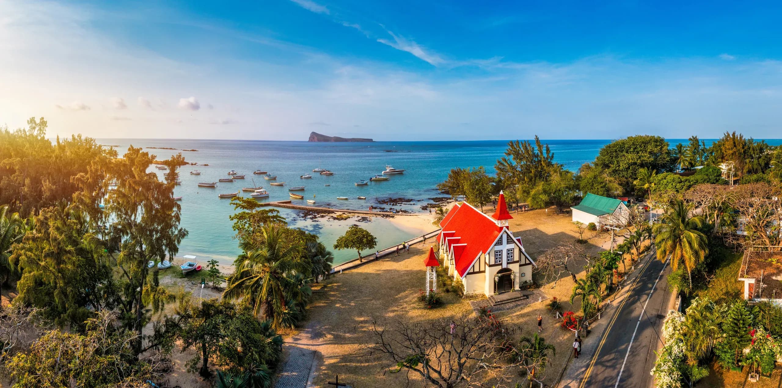 Aerial view of the Mauritius coastline with turquoise lagoon