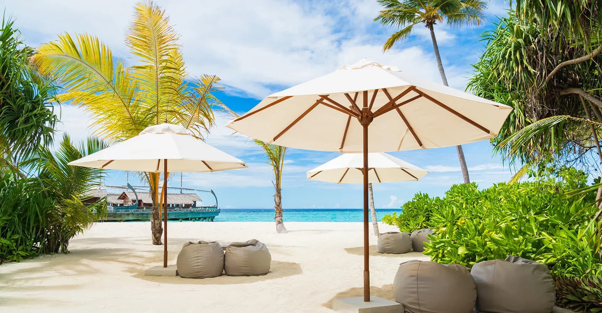 Azure beach restaurant loungers beneath palm trees at Milaidhoo