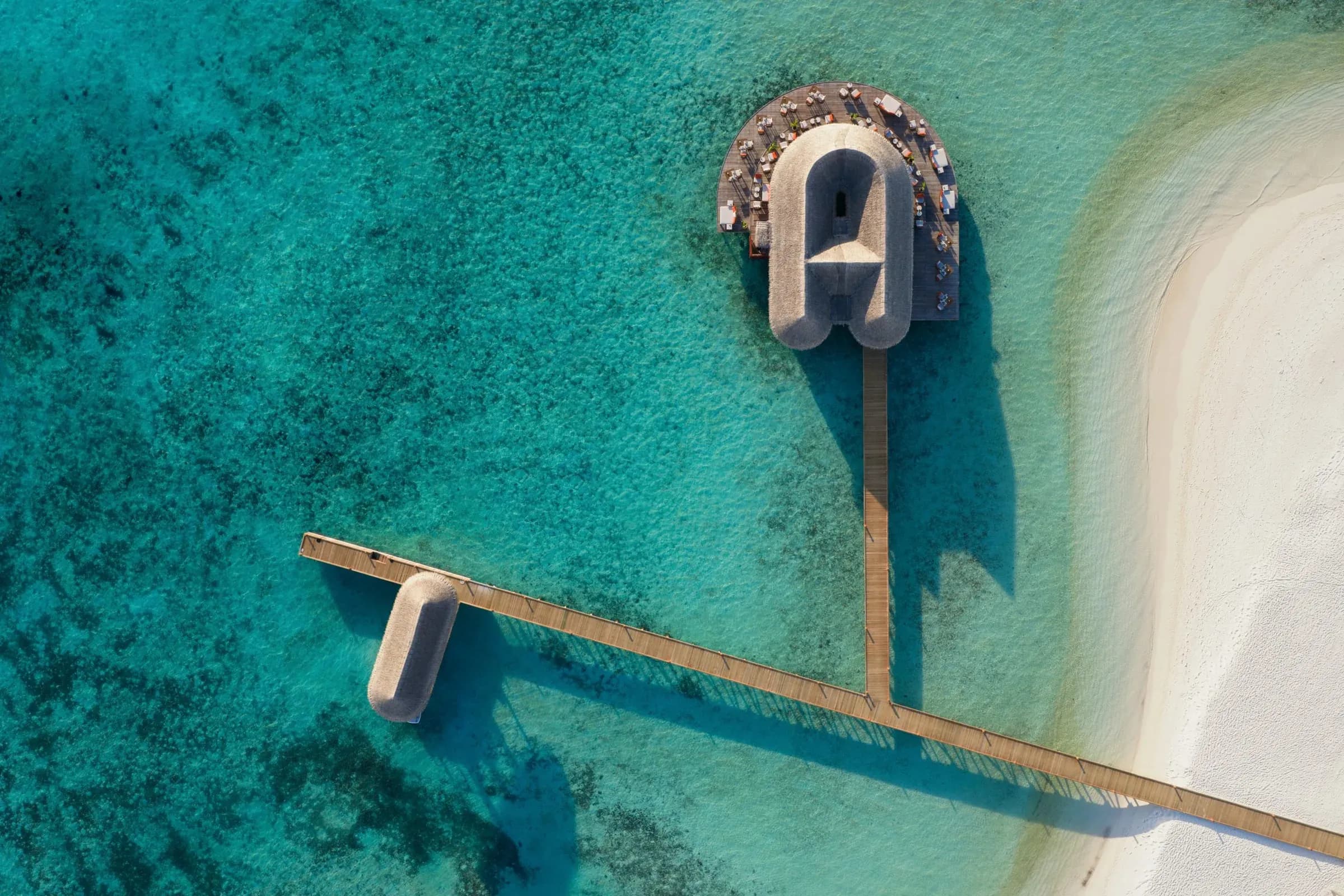 Aerial view of Muraka, the overwater restaurant pavilion at V Villas Maldives at Mirihi