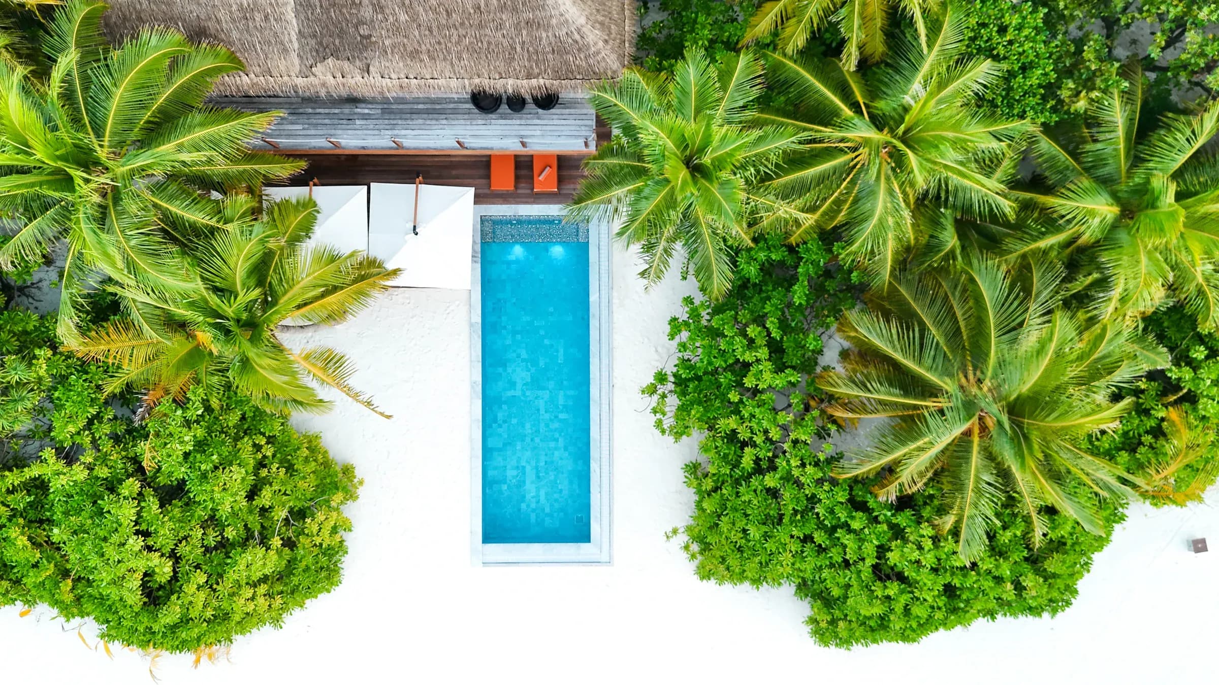 Aerial view of the private pool and palm garden of the Three Bedroom Beach Residence at V Villas Maldives at Mirihi