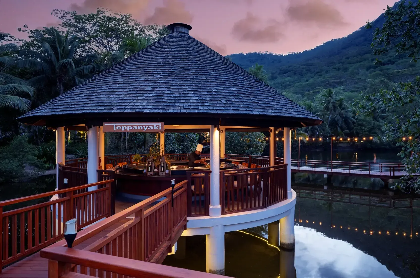 Teppanyaki lakeside pavilion at dusk, Niva Labriz Seychelles