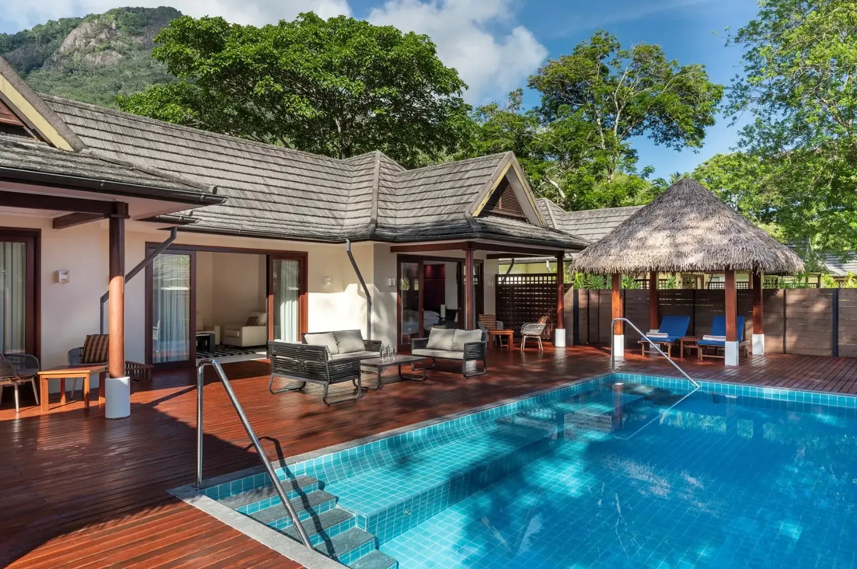 Two Bedroom Garden Oasis Family Pool Villa exterior and pool at Niva Labriz Seychelles