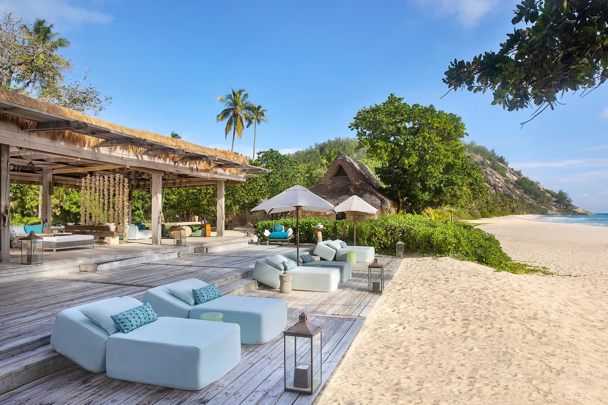 The Piazza restaurant exterior on East Beach at North Island, Seychelles