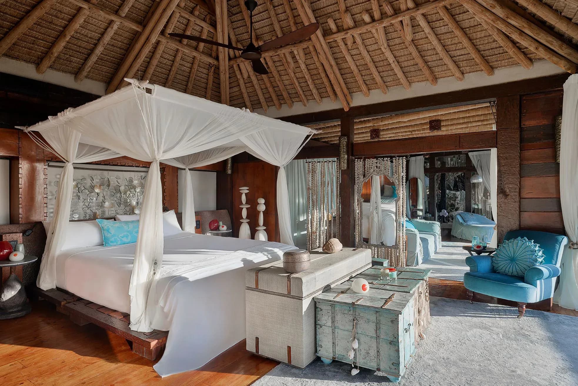 Villa North bedroom with elevated deck views at North Island, Seychelles