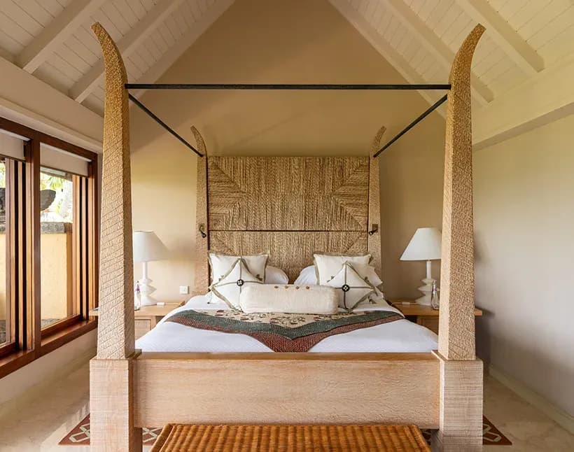 Bedroom interior of a Luxury Pavilion at The Oberoi Beach Resort, Mauritius