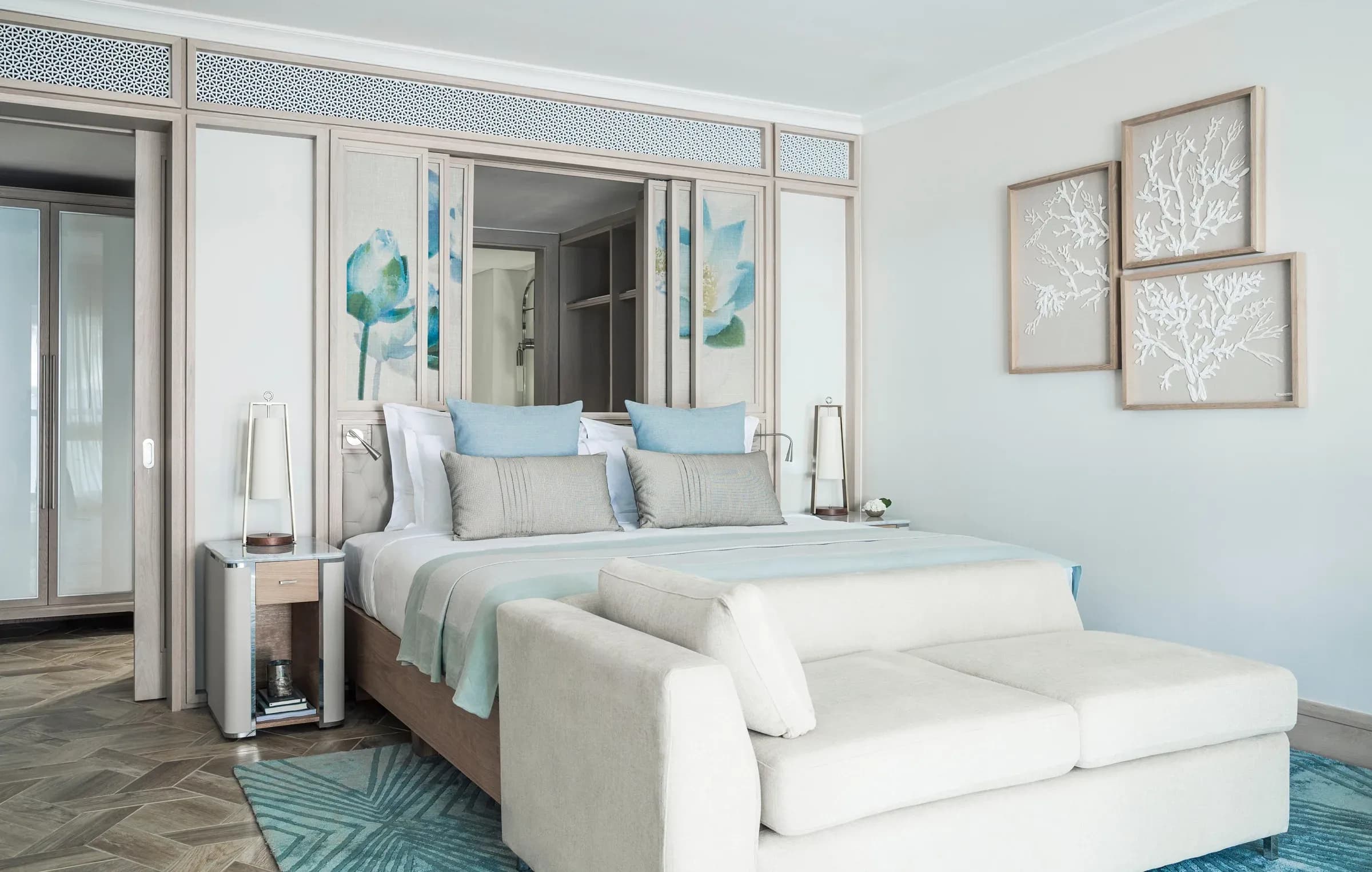 Ocean Room interior with coastal tones at One&Only Le Saint Géran