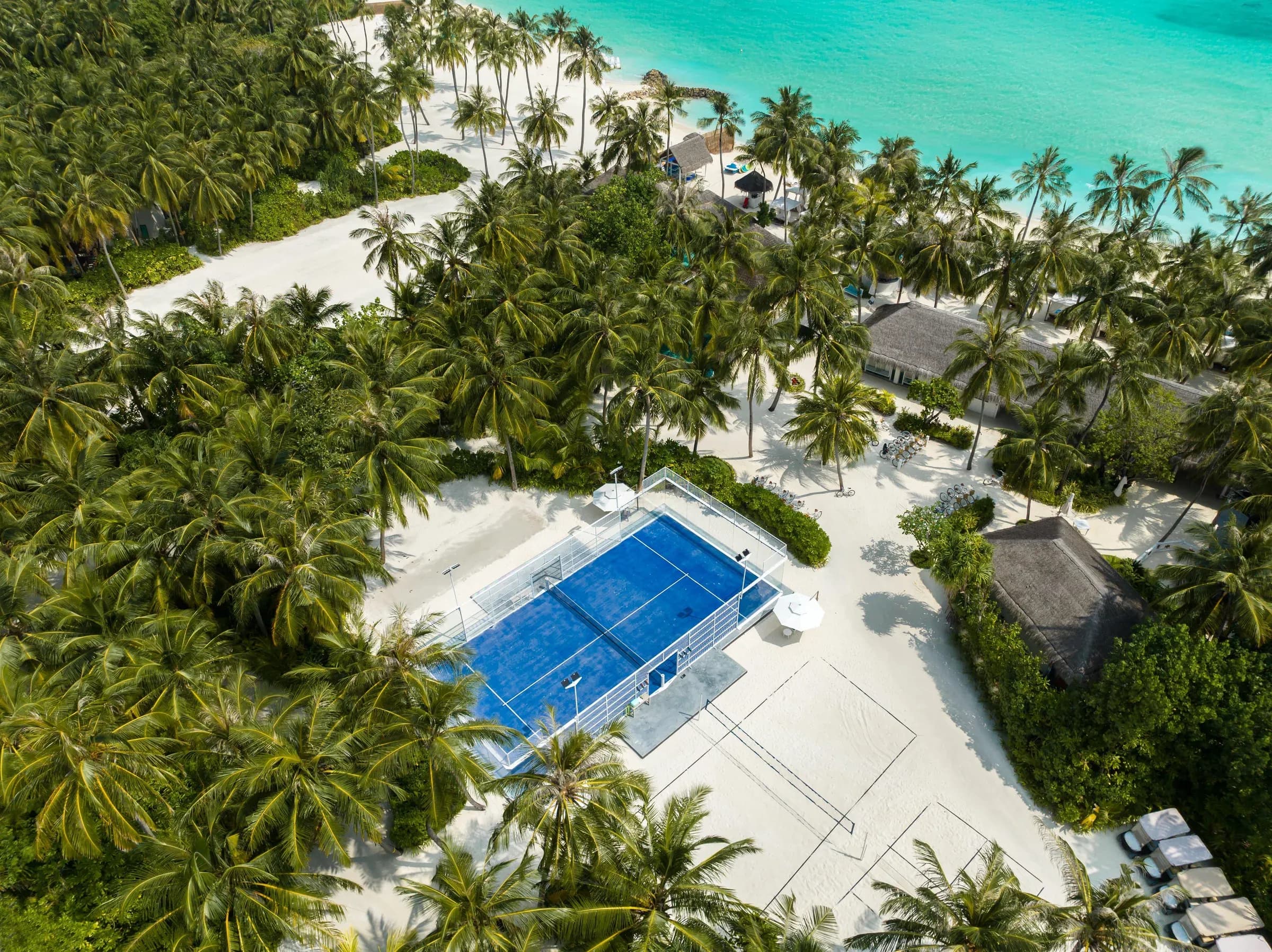 Aerial view of the tennis and padel courts at Club One, One&Only Reethi Rah
