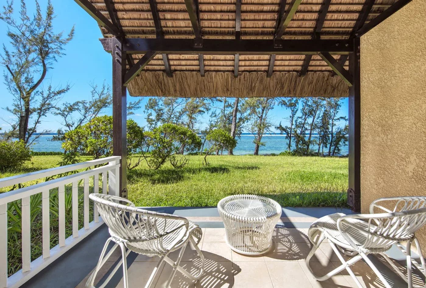 Terrace and Indian Ocean view at OUTRIGGER Mauritius Beach Resort, Bel Ombre