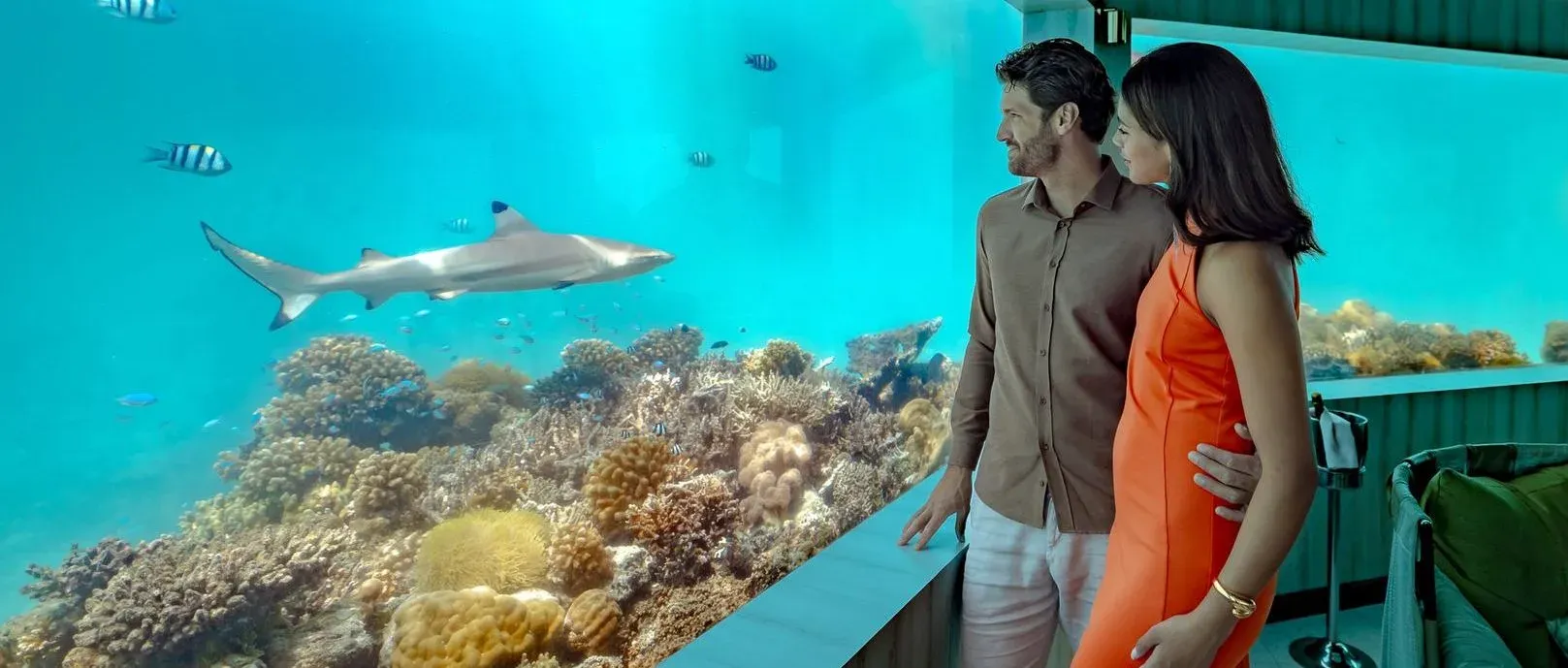 Guests viewing coral reef and reef shark through the glass wall of M6M underwater restaurant, OZEN LIFE MAADHOO