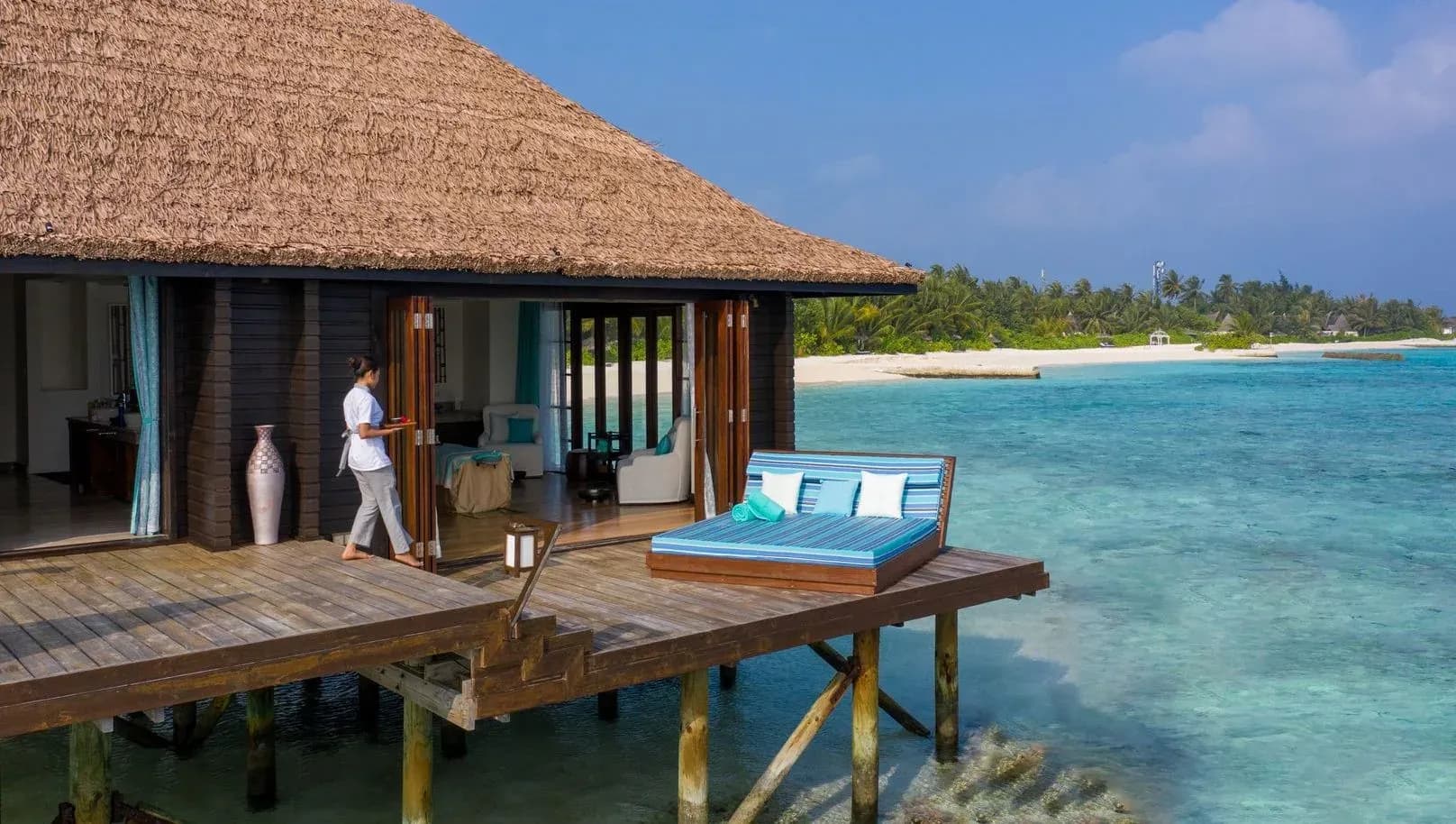 Overwater deck facing the house reef and lagoon at OZEN RESERVE BOLIFUSHI
