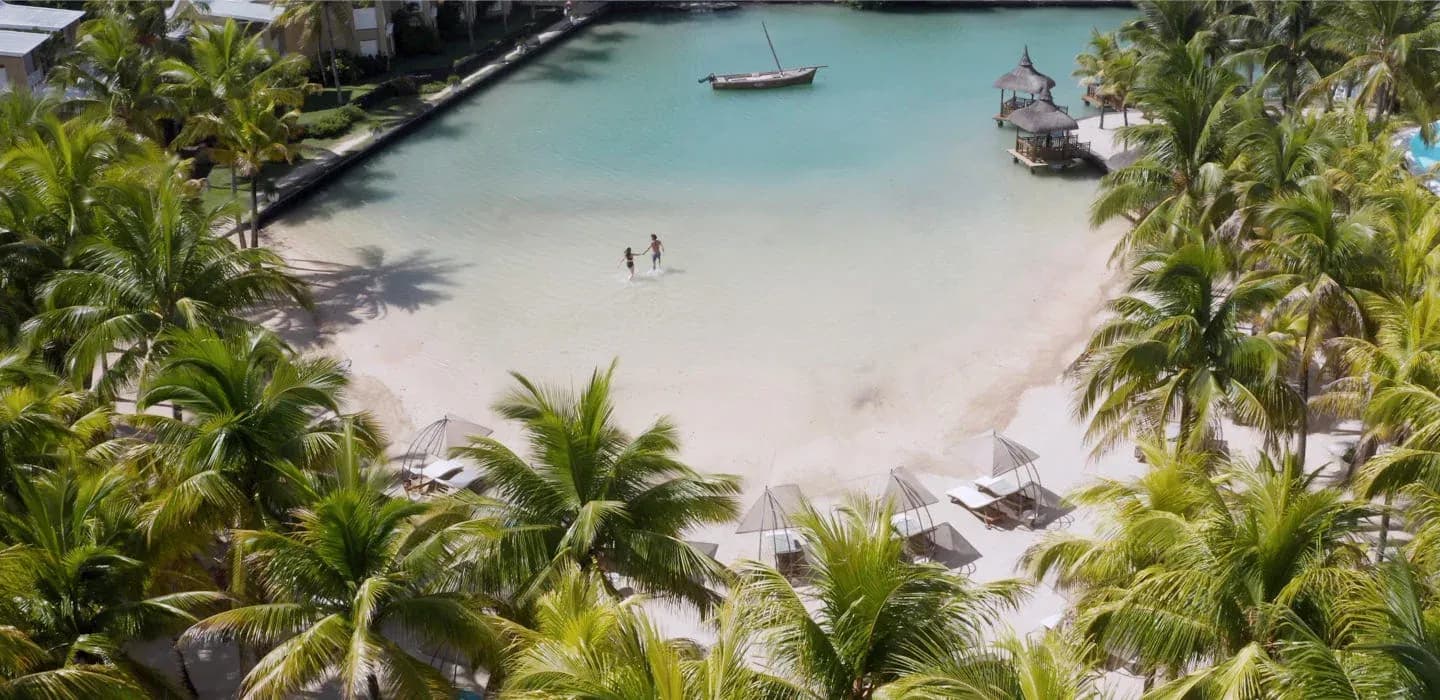 Aerial view of the natural cove beach at Paradise Cove Boutique Hotel, north coast Mauritius