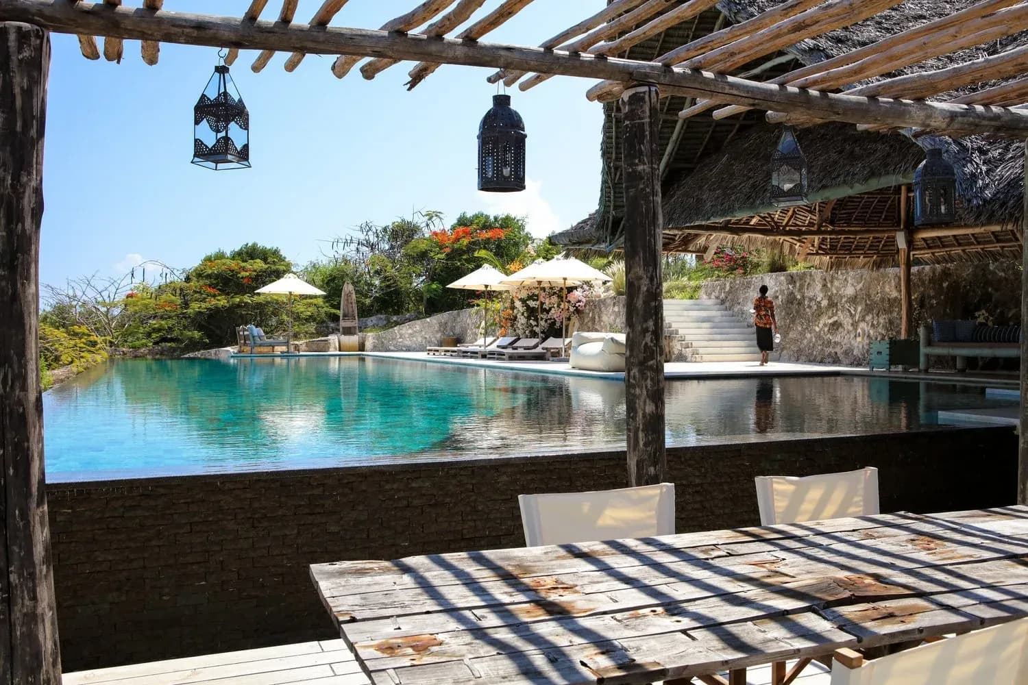 Infinity pool overlooking the Indian Ocean at Qambani Luxury Resort, Michamvi, Zanzibar
