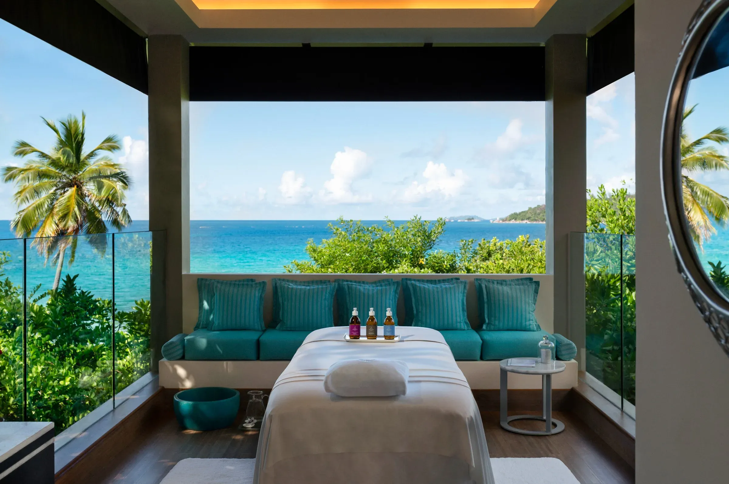 Ocean-view treatment pavilion at Raffles Spa, Raffles Seychelles