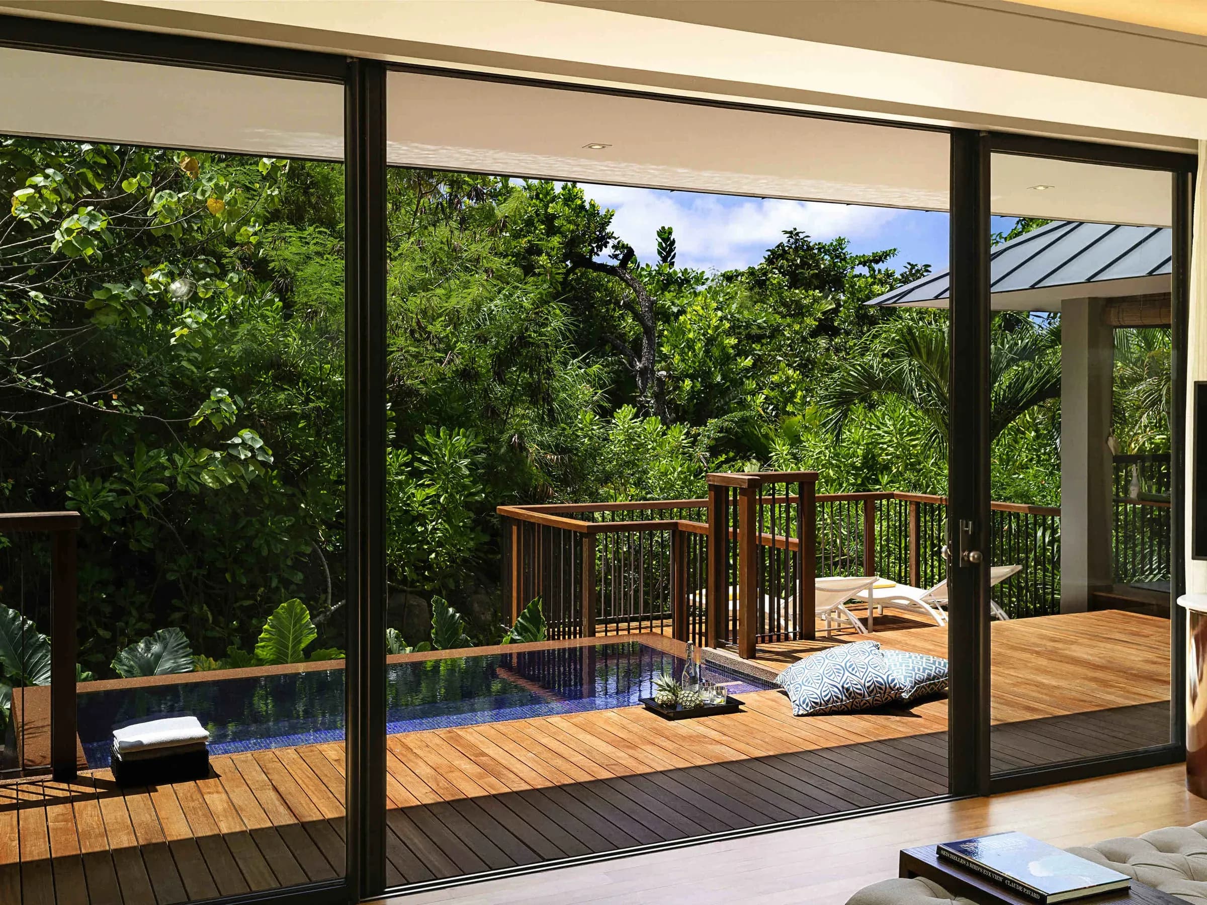 Hillside Garden View Pool Villa interior and private plunge pool at Raffles Seychelles