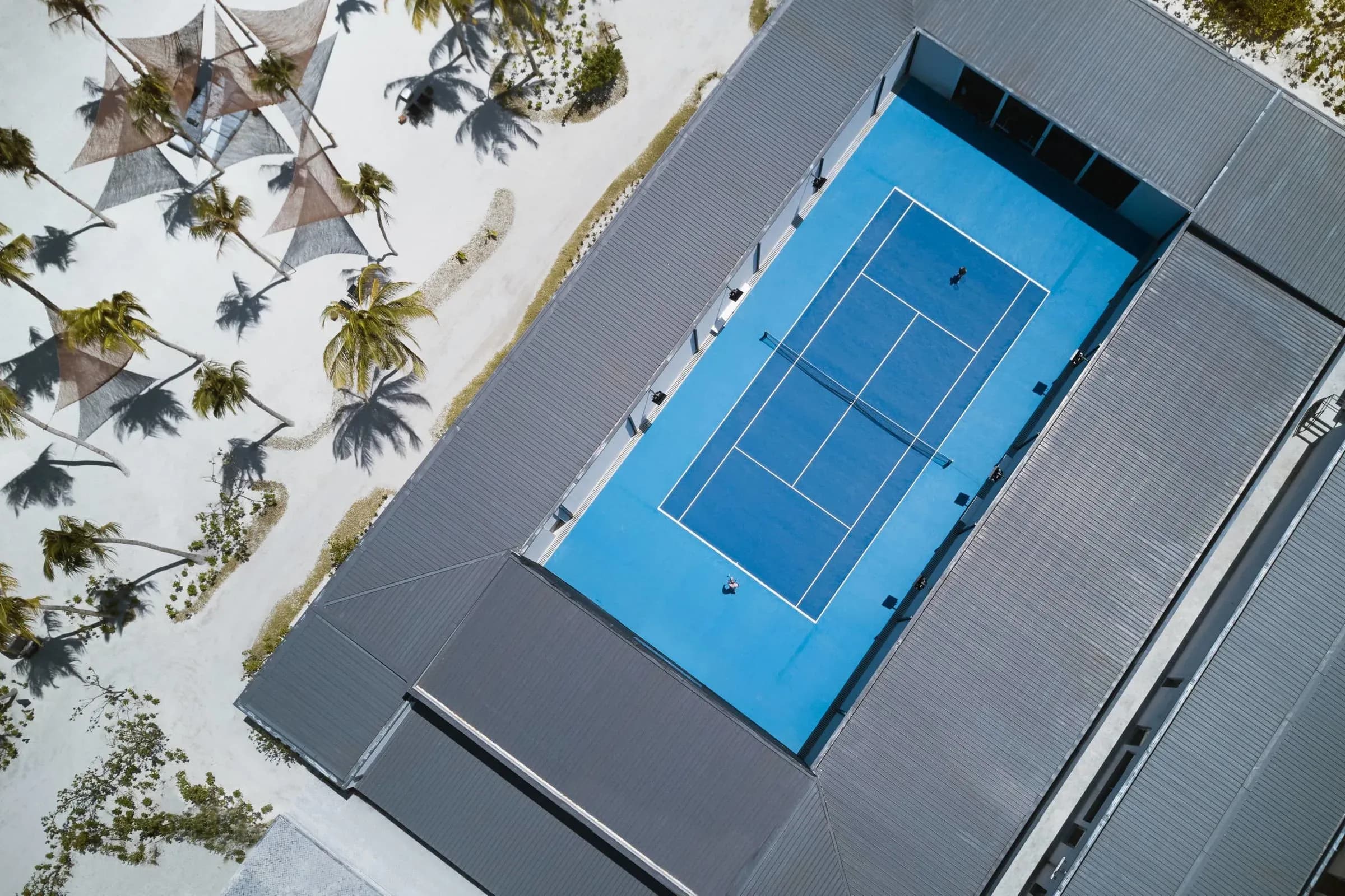 Aerial view of the tennis courts at The Ritz-Carlton Maldives, Fari Islands