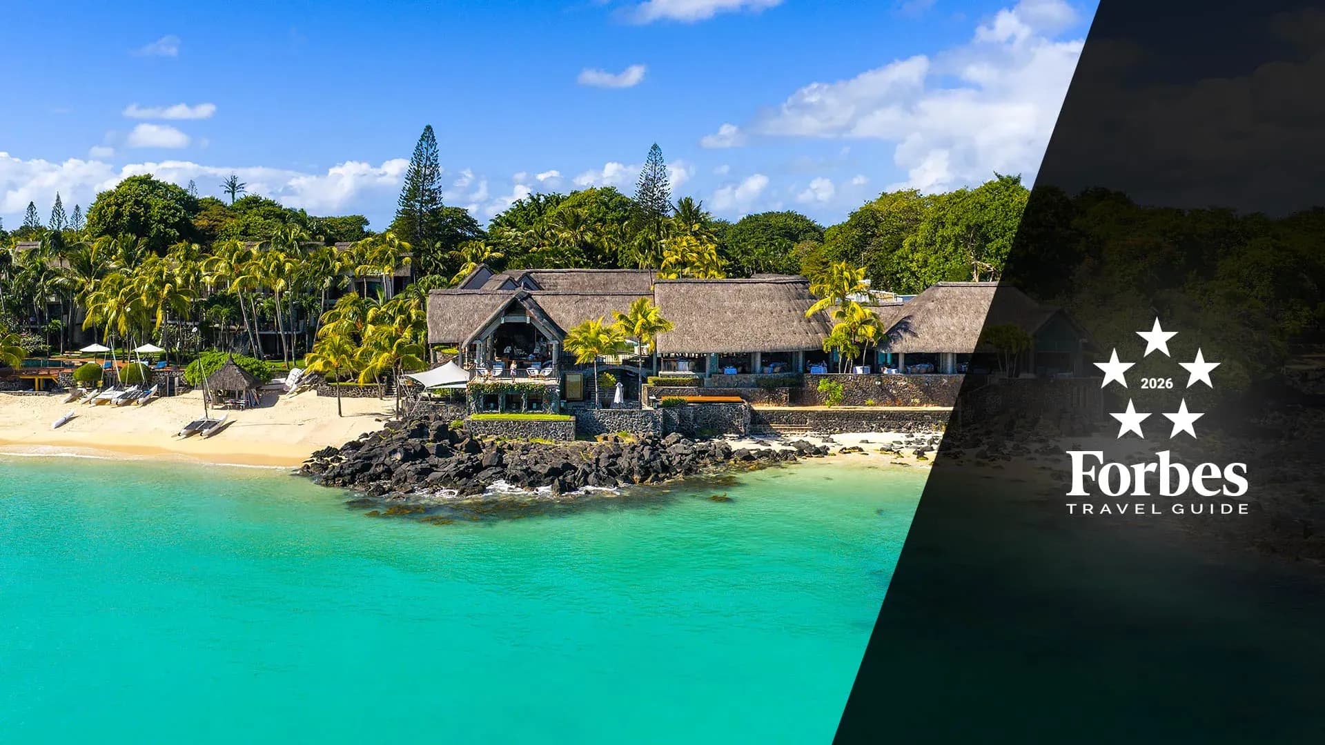 Aerial view of Royal Palm Beachcomber Luxury's beach and lagoon, Grand Baie, Mauritius