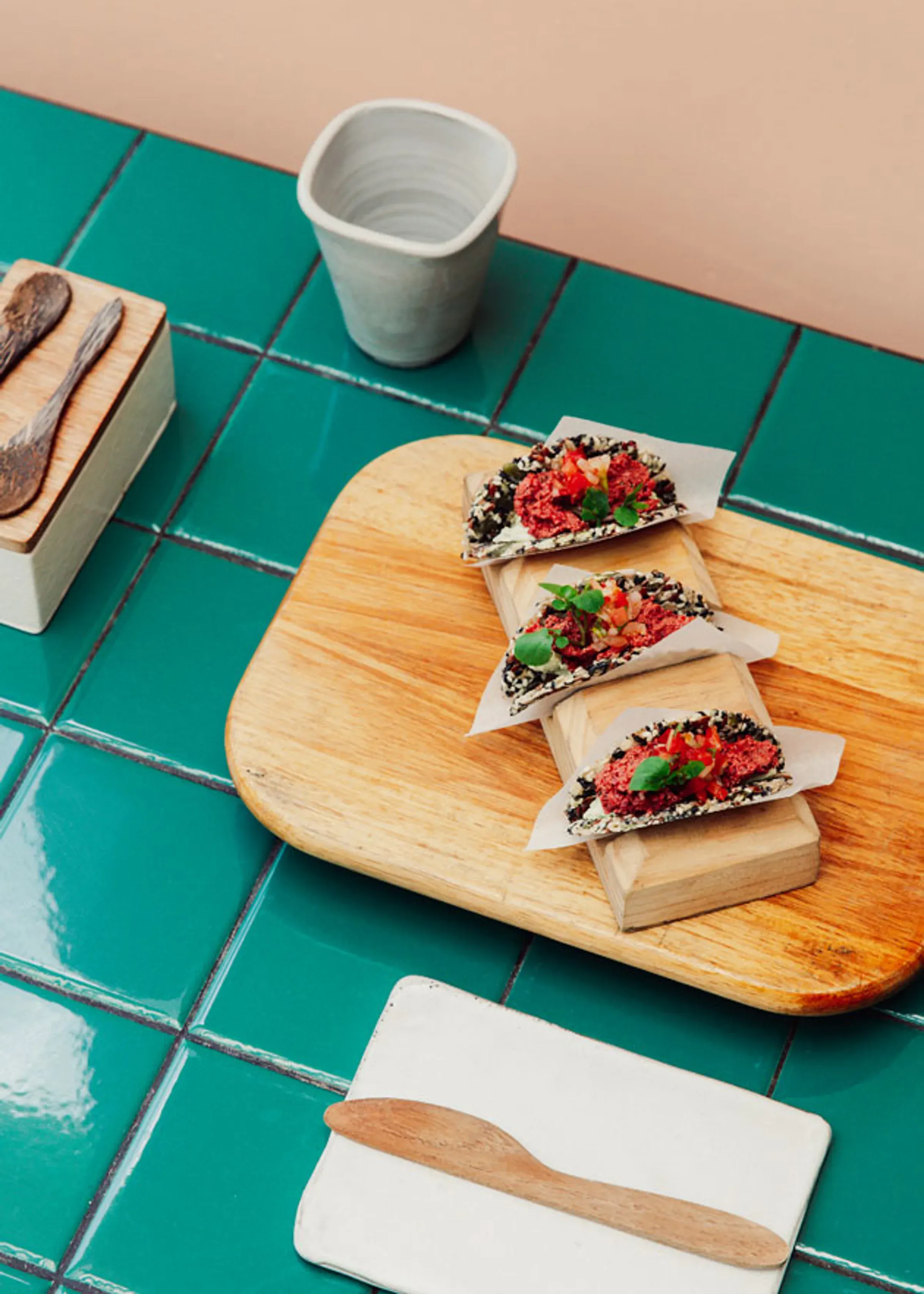 Raw beetroot tacos plated at The Good Kitchen, SALT of Palmar's farm-to-table restaurant