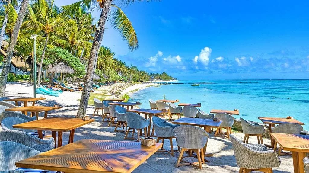 Beachfront dining tables under palm trees at Seasense Boutique Hotel & Spa