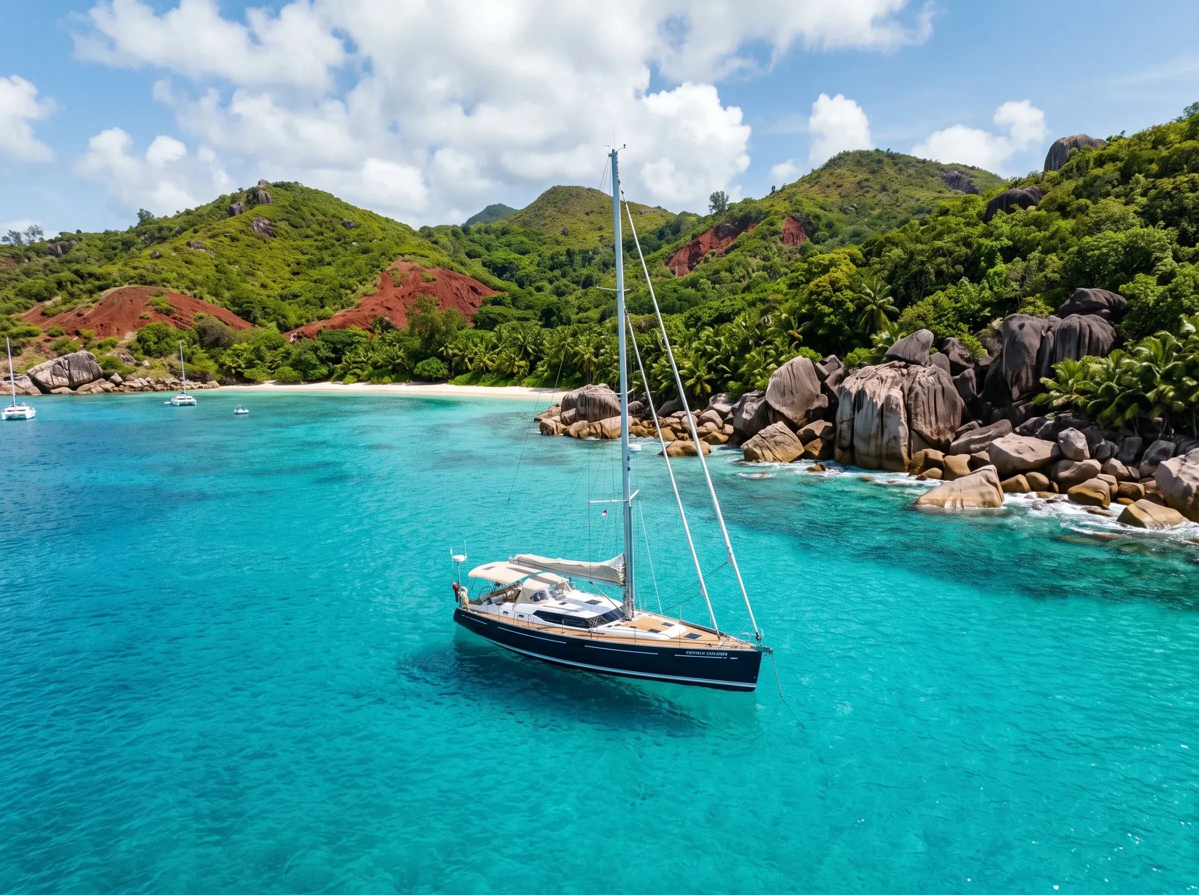 Seychelles coastline with granite peaks and turquoise water