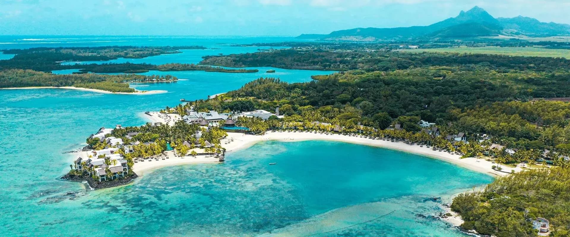 Aerial view of Shangri-La Le Touessrok's beach and lagoon at Trou d'Eau Douce, Mauritius