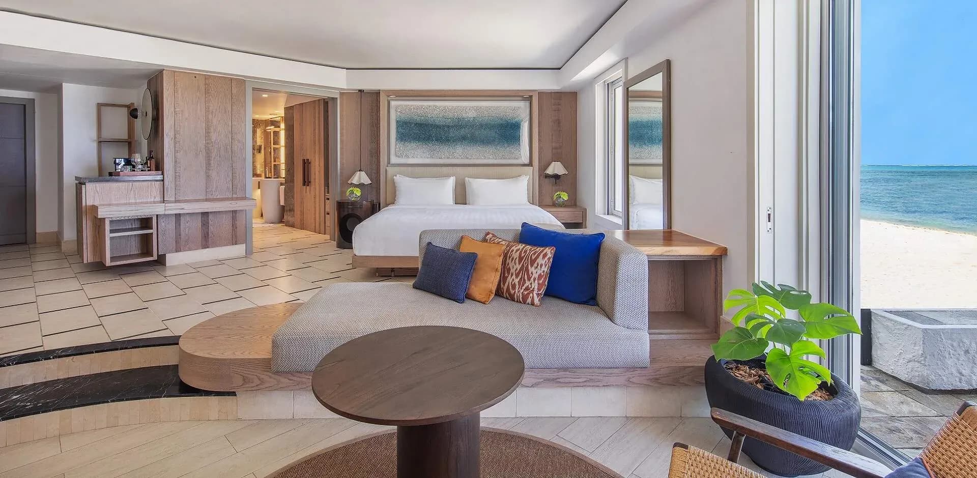 Coral Beachfront Suite bedroom at Shangri-La Le Touessrok