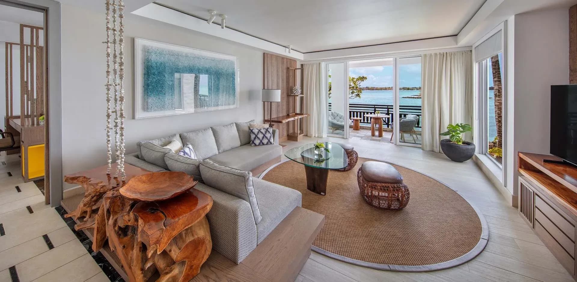 Living room of the Frangipani Signature Ocean View Suite at Shangri-La Le Touessrok