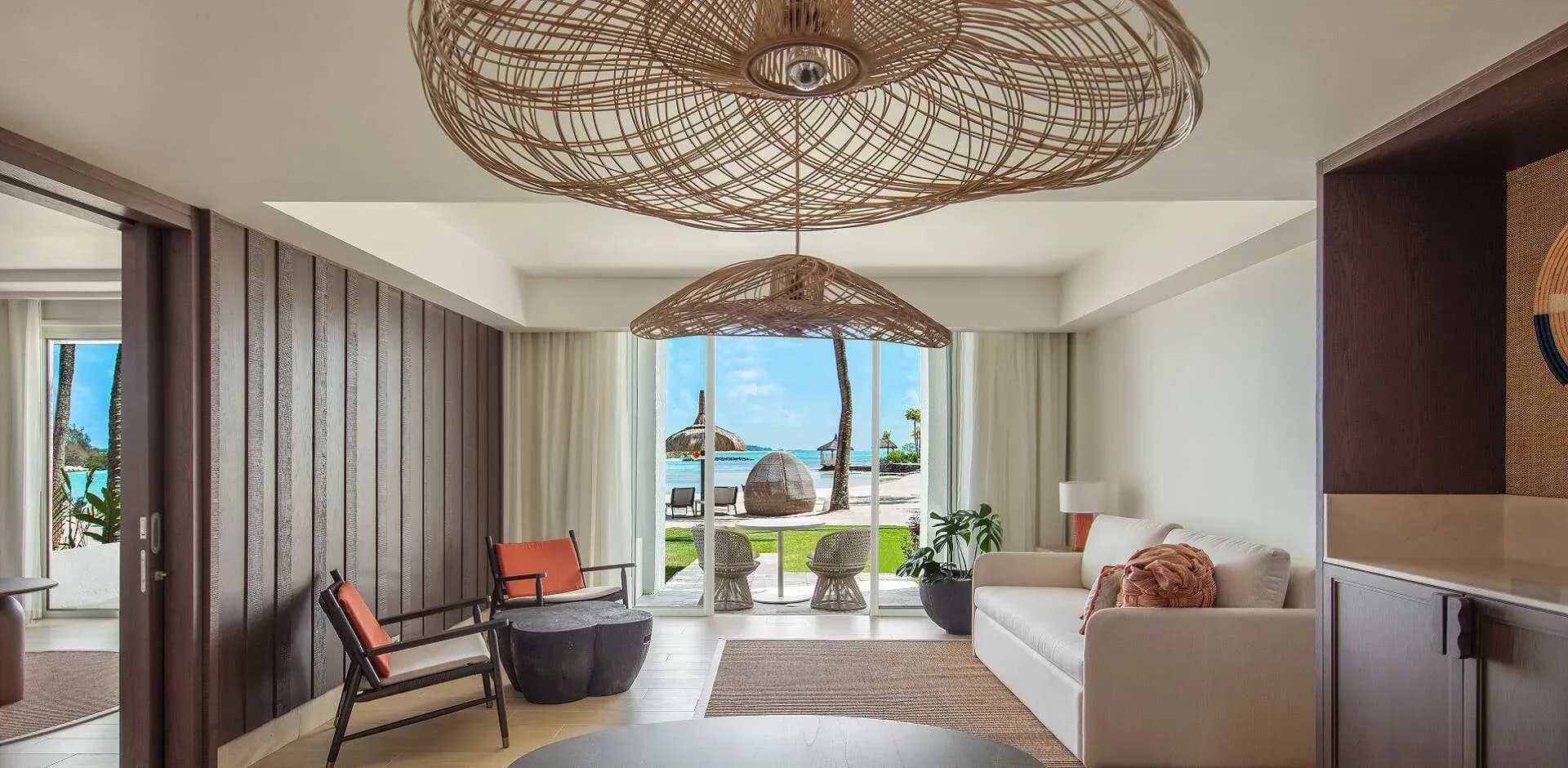 Hibiscus Beachfront Junior Suite living area at Shangri-La Le Touessrok