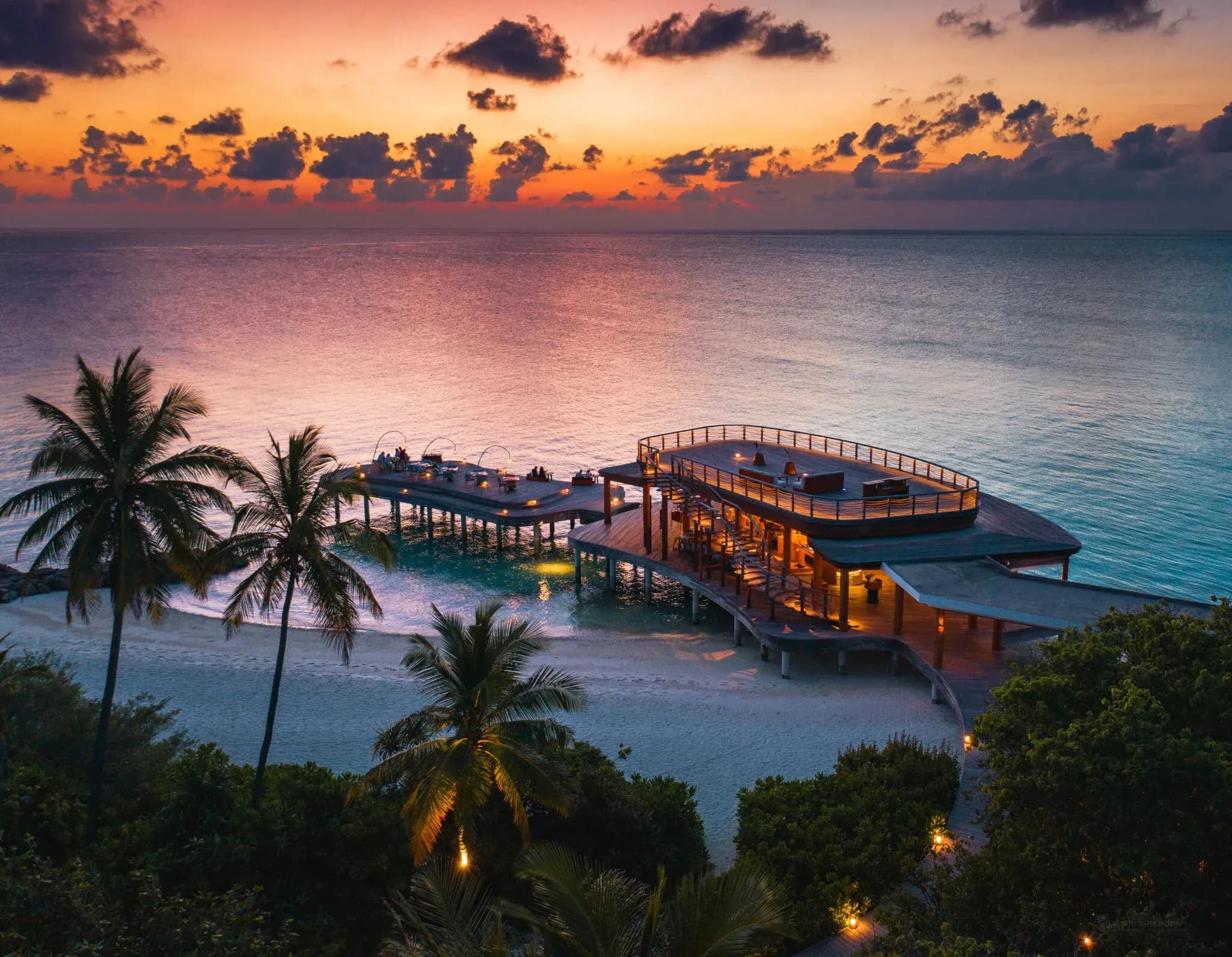 Kata overwater Japanese restaurant deck at sunset, Sirru Fen Fushi
