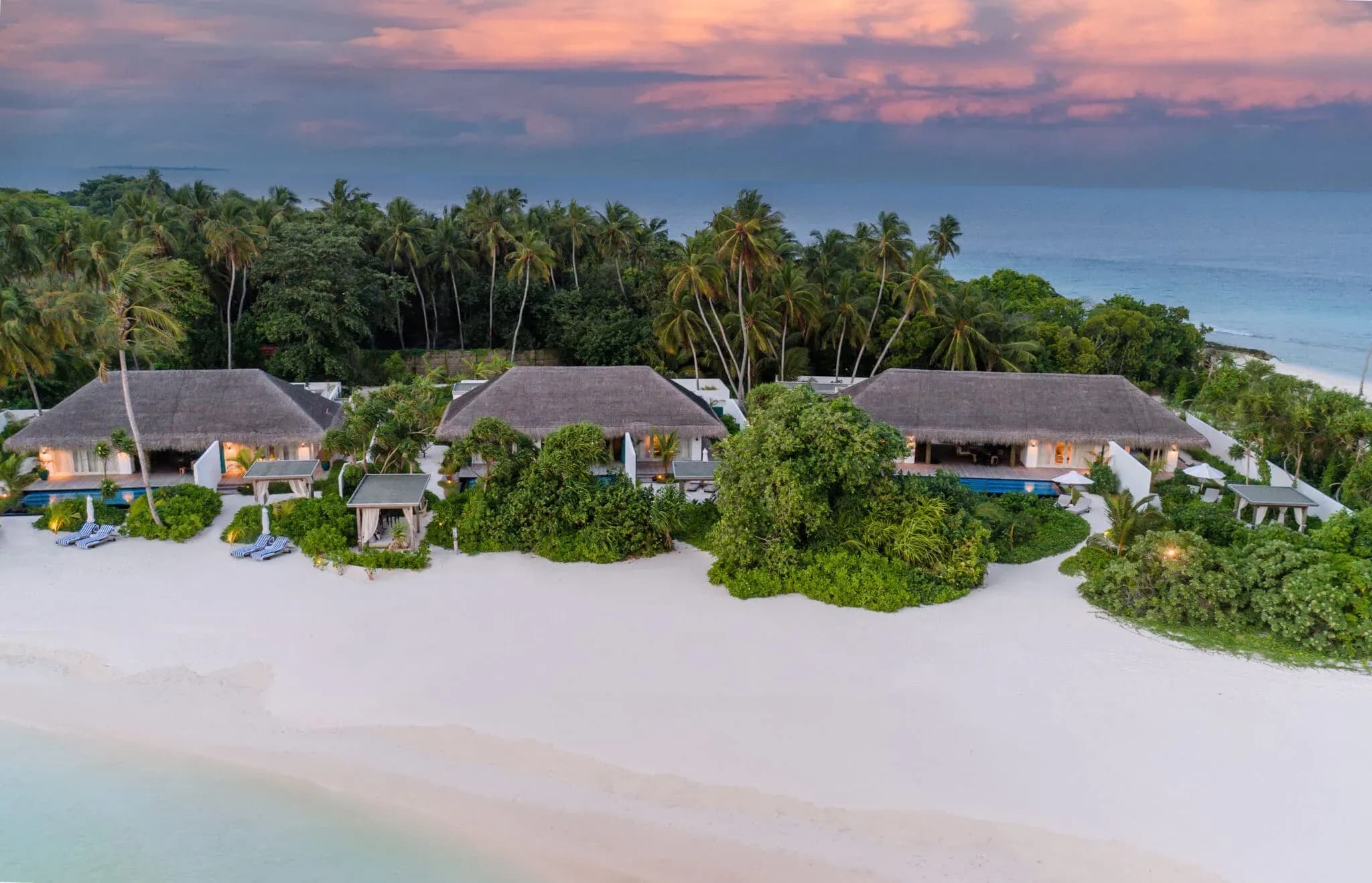 Seven Bedroom Sirru Residence beachfront villas at sunset, Sirru Fen Fushi