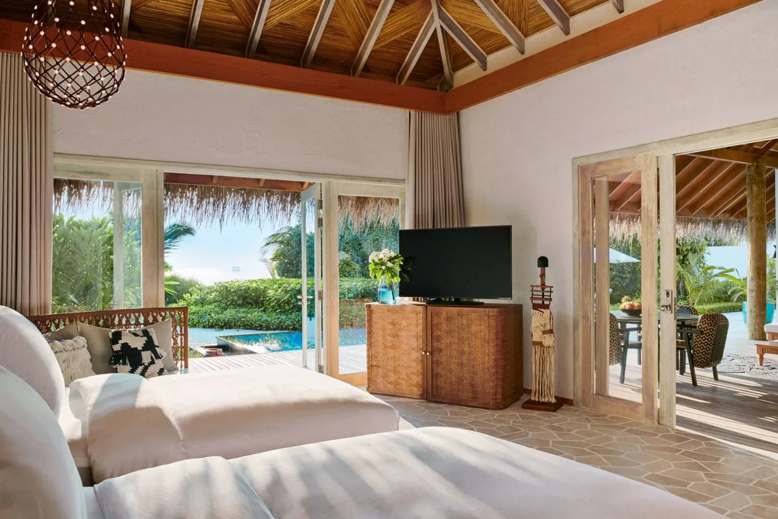 Three Bedroom Sunset Beach Villa aerial view at Sirru Fen Fushi