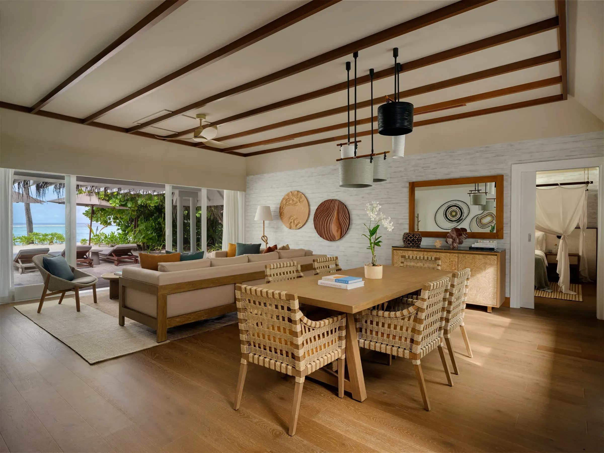 Living area of a Three Bedroom Beach Villa Suite With Pool at Six Senses Kanuhura