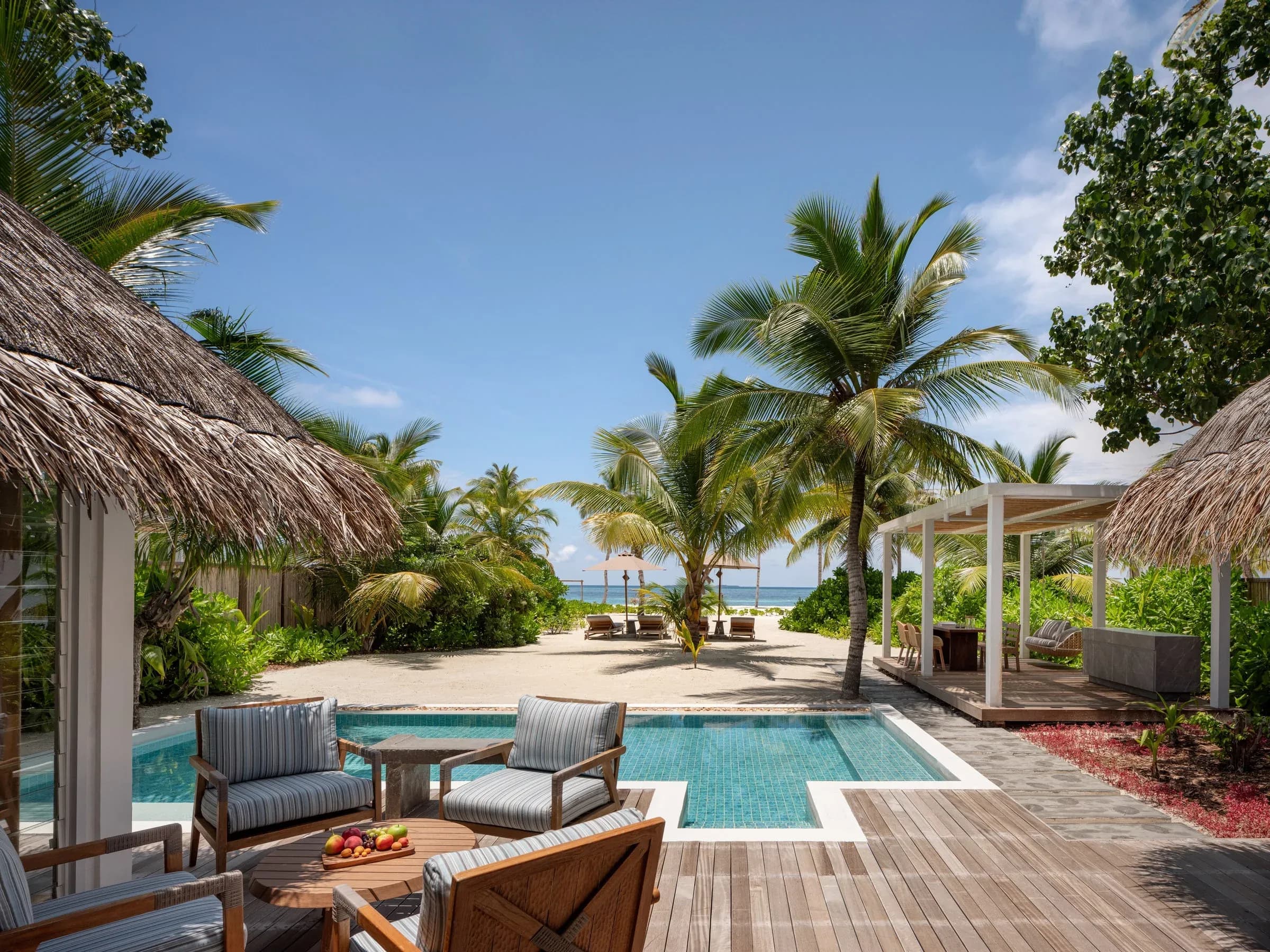 Exterior deck of a Two Bedroom Beach Villa Suite With Pool at Six Senses Kanuhura