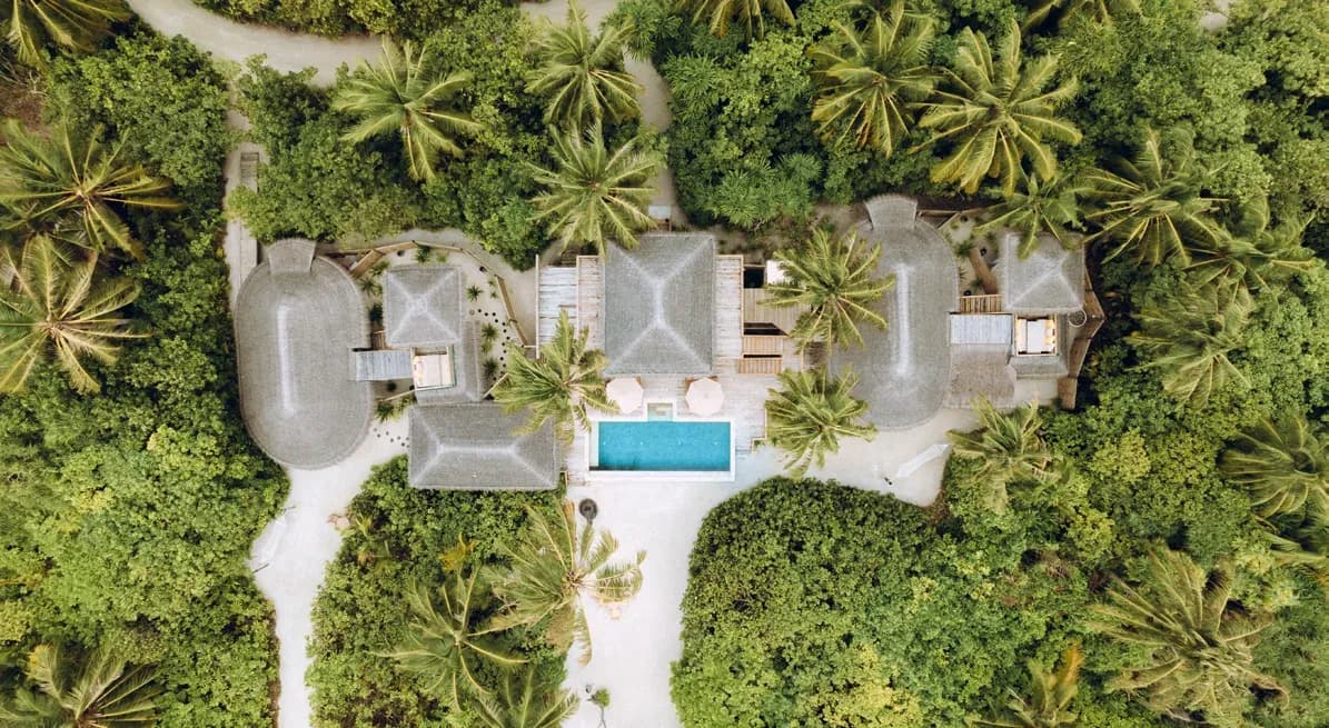 Aerial view of the Two-Bedroom Lagoon Beach Villa with Pool at Six Senses Laamu