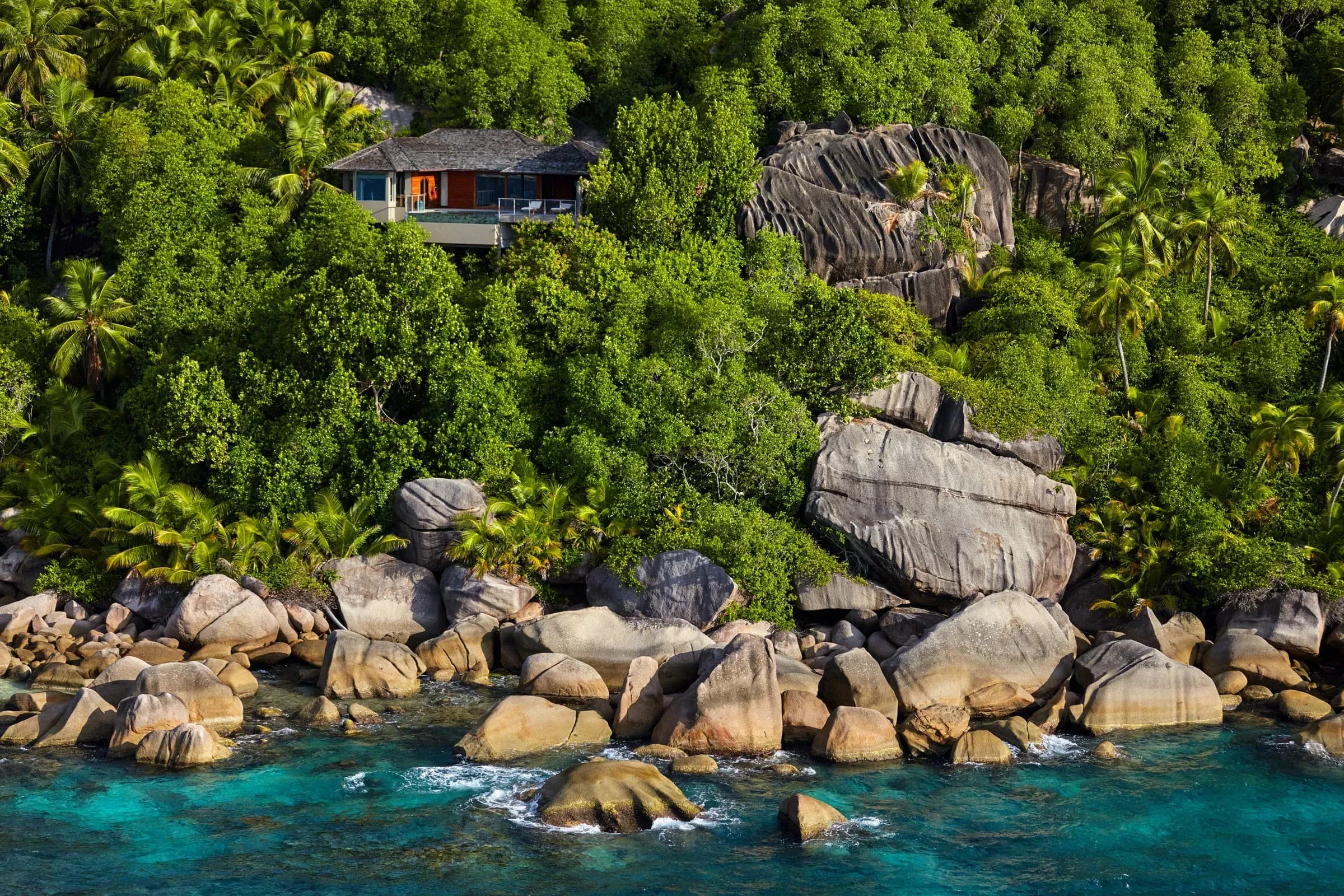 Aerial view of Oceanfront Pool Villa deck at Six Senses Zil Pasyon