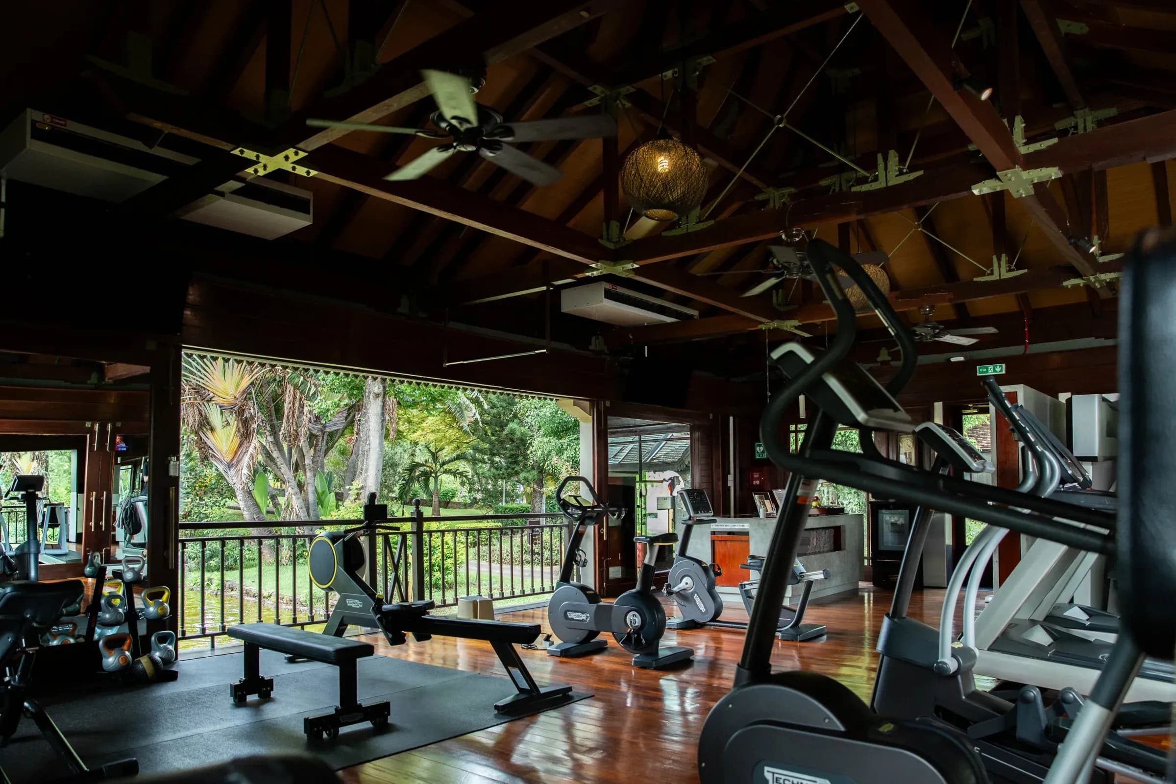 Technogym fitness centre in a timber pavilion at Sofitel Mauritius L'Impérial Resort & Spa