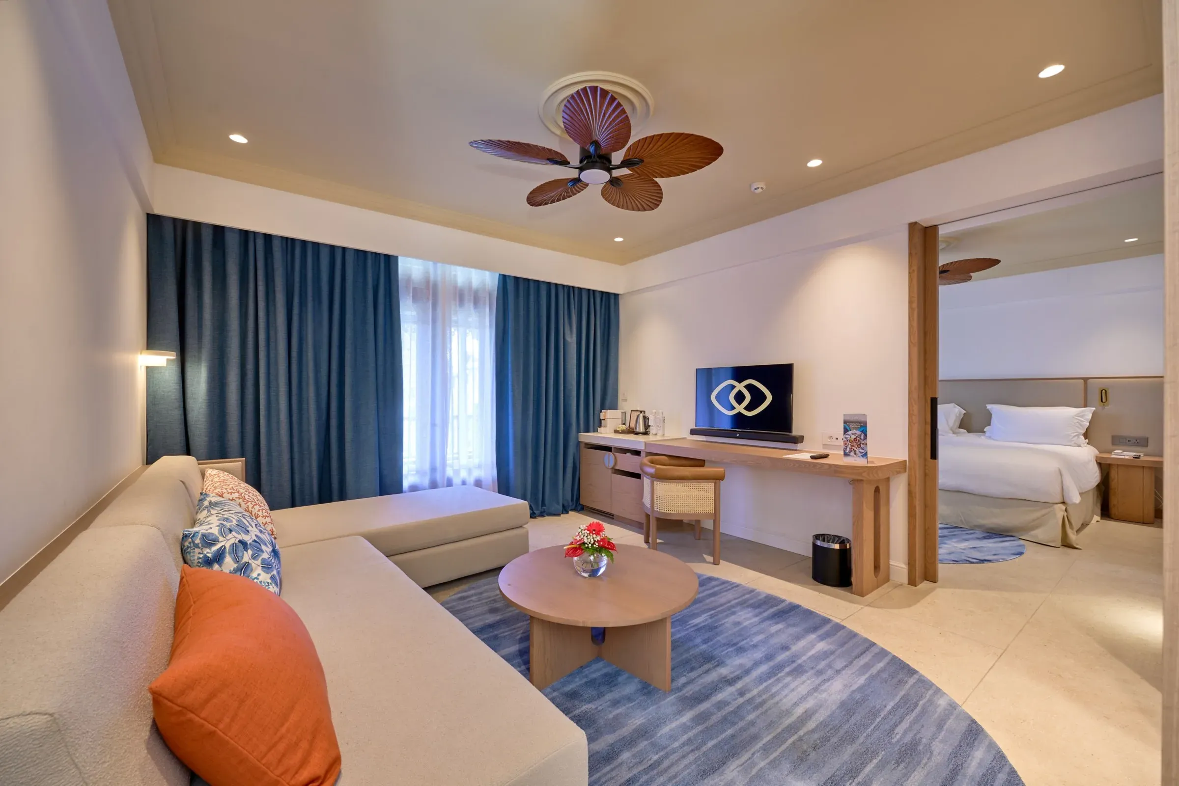 Prestige Suite living and dining area with Japanese garden view at Sofitel Mauritius L'Impérial Resort & Spa