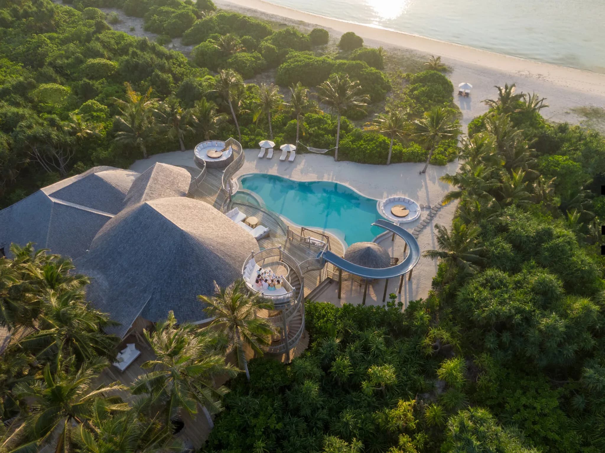 Aerial view of the 3 Bedroom Island Reserve with Slide, Villa 34, at Soneva Jani