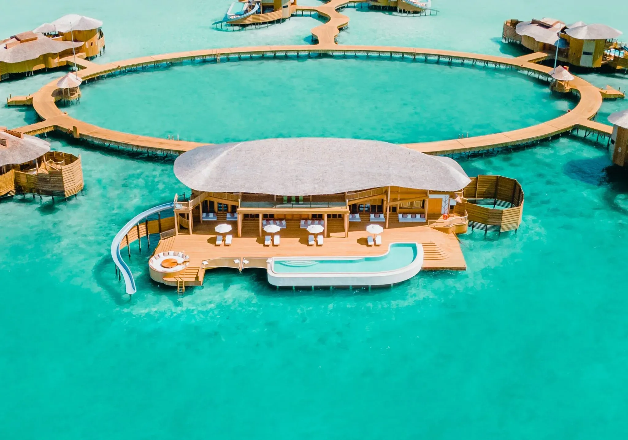 Aerial view of the 4 Bedroom Sunset Water Reserve with Slide, Villa 105, at Soneva Jani