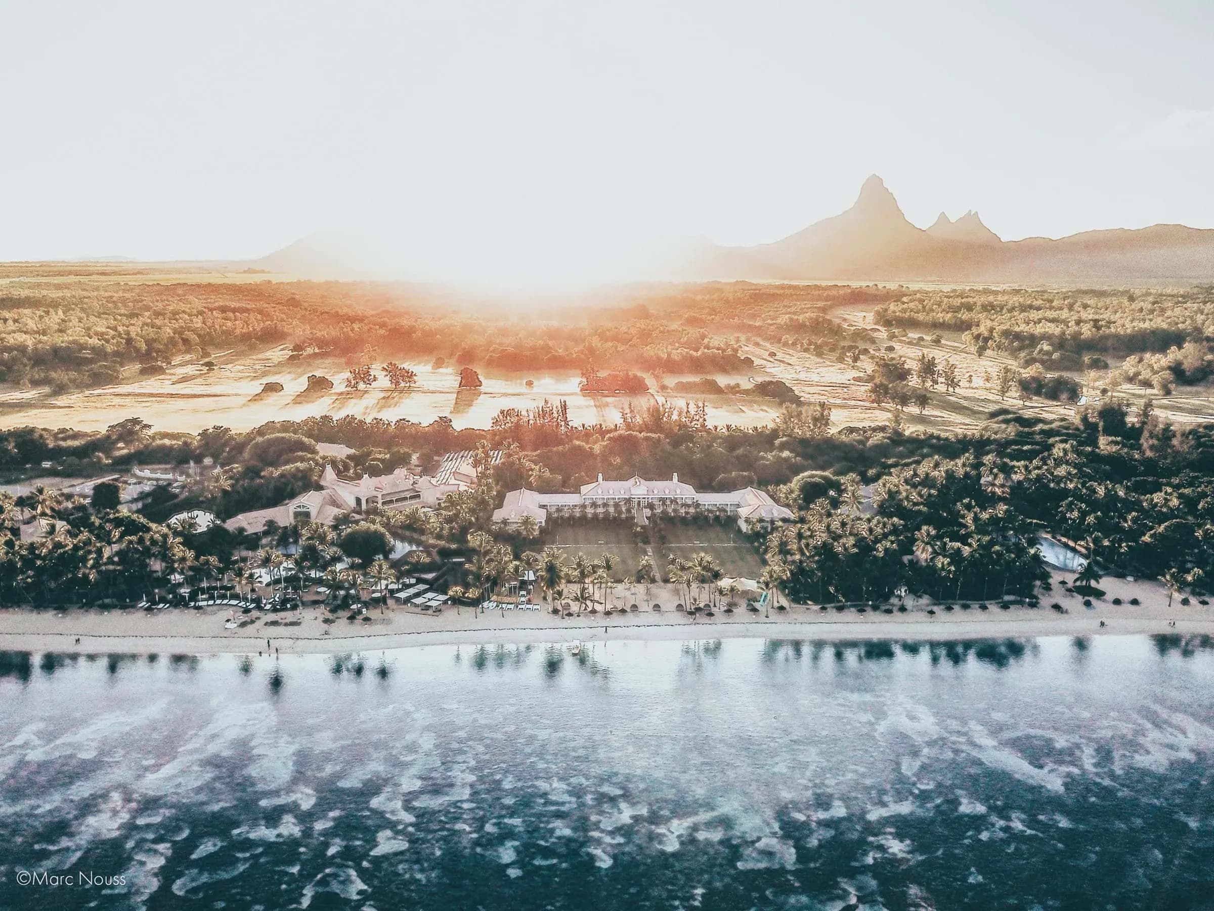 Aerial view of Sugar Beach Mauritius, its beach and gardens at Wolmar, Flic en Flac